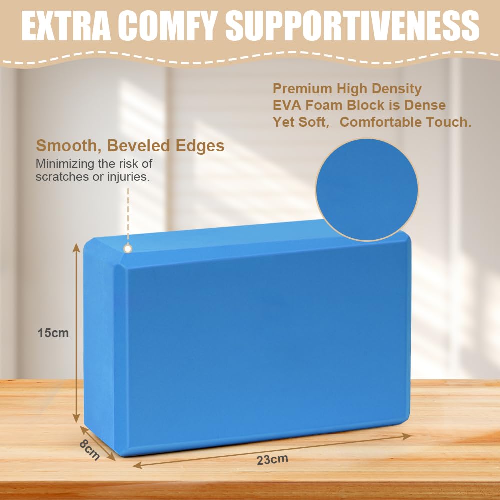 Flintronic Yoga Blocks Set of 2, Sports Yoga Blocks, Gym Bricks, Non-Slip Lightweight Yoga Block, High-Density EVA Foam Yoga Block for Yoga Pilates Training and Home Exercise, Blue