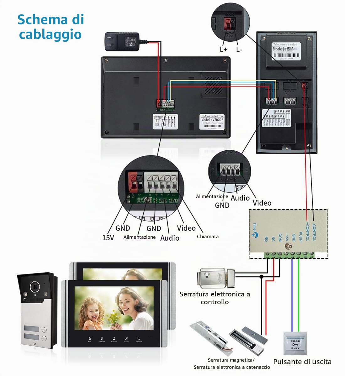 Videocitofono Cablato A 2 Unità Campanello, Videocitofono Collegato A 4 Fili Dotato Di Schermo LCD TFT 7 "Telecamera Di Visione Notturna Impermeabile Sbloccando Monitor Video Audio Bidirezionale