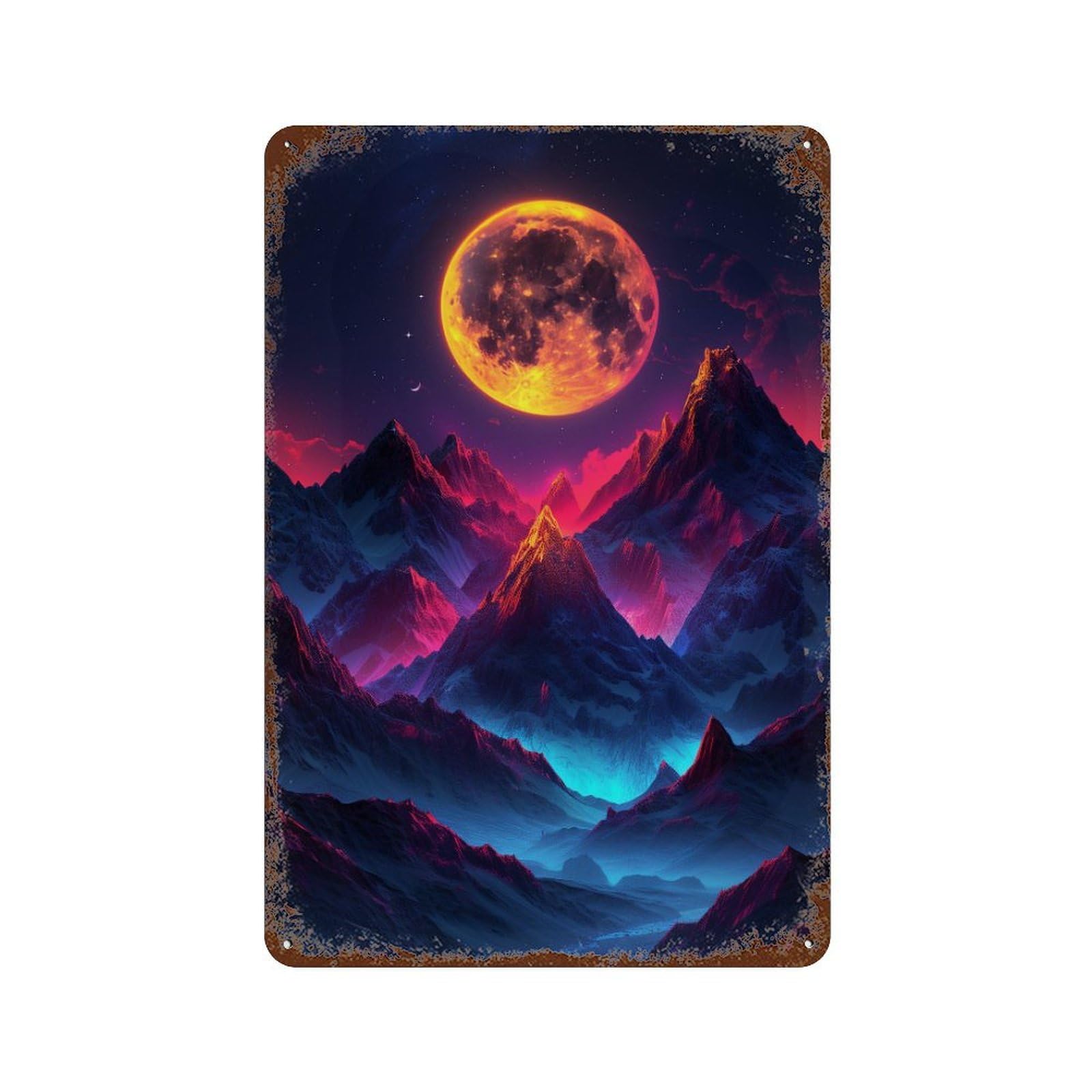 Aged Metal Wall Plaque with Fiery Moonlit Mountainscape Design 11.8"x7.9", for Farmhouse, Kitchen And Entryway Decor, Old School Wall Decor