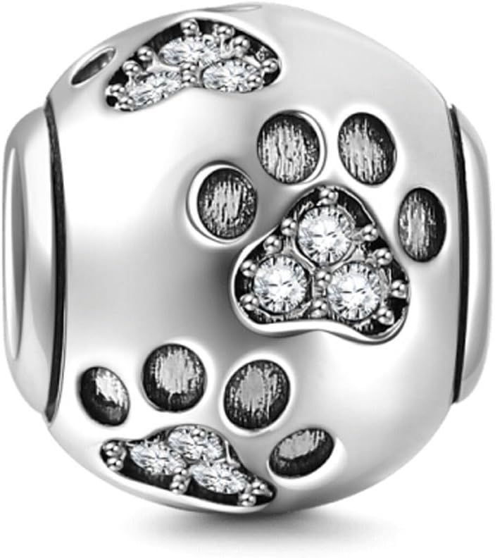 Paw Prints Charm fits Pandora Charm Bracelets, Solid 925 Sterling Silver Beads with Clear Crystal, Round Ball Shape, European Style, Pet Cat Dog Puppy Charms