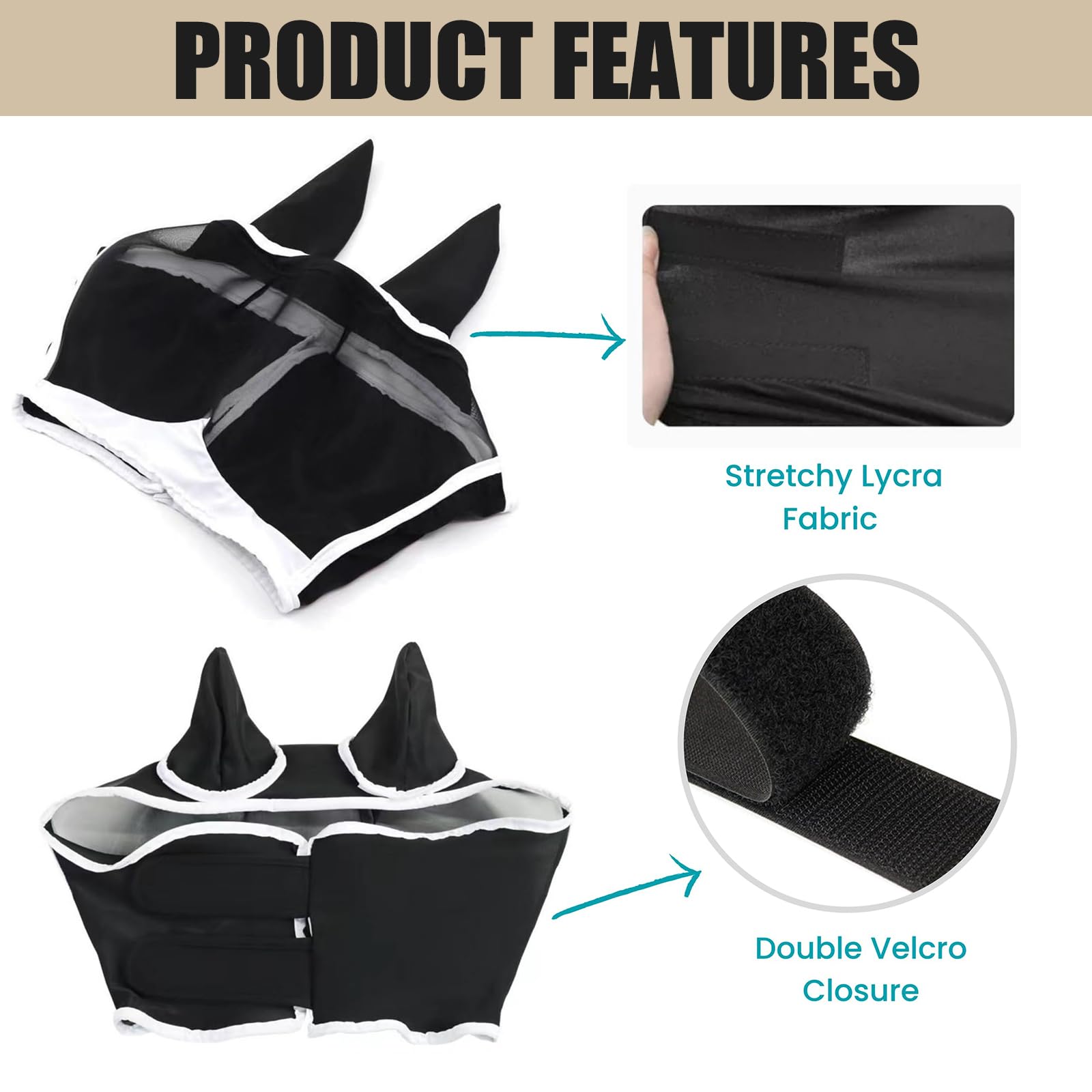 Máscara Anti Moscas para Caballo，Elasticidad Máscara Anti-Moscas Protección con Orejas，Excelente Comodidad con Protección UV，Adecuado para Caballos Afectados por Mosquitos