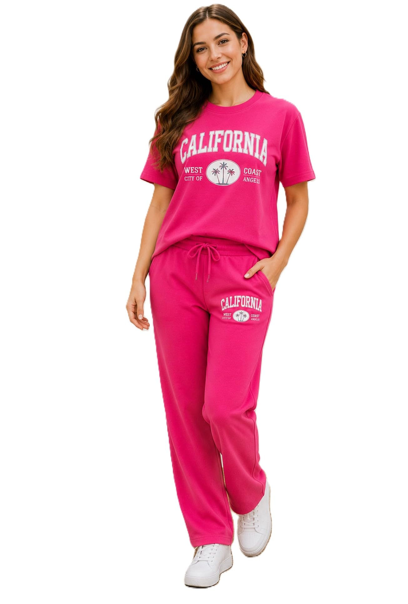 Women's California Graphic T-Shirt and Wide-Leg Pants Set | 2-Piece Lounge Set, Drawstring Waist, Side Pockets, Short Sleeve Top, Casual Streetwear-picture-33