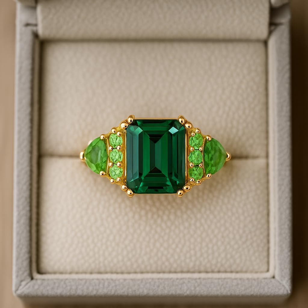 Emerald Cut Green Tourmaline Ring for Women 14K Yellow Gold Three Stone Cluster Peridot Ring Vintage Emerald Shape Engagement Anniversary Jewelry Gift