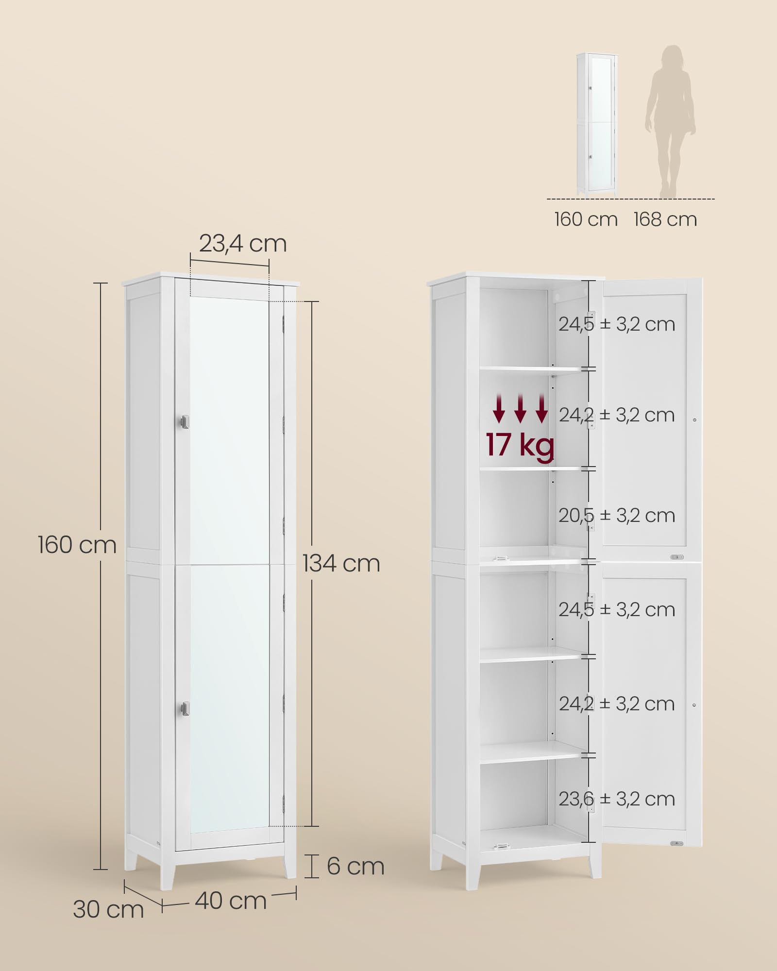 VASAGLE Armoire de Salle de Bain Haut, avec Miroir Pleine Longueur, Meuble de Salle de Bain, avec Étagères Réglables, 30 x 40 x 160 cm, pour Petit Espace, Salon, Couloir, Blanc Nuage BBC764WH01