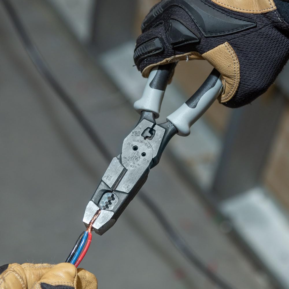 Klein Tools J2159CRTP Alicates de corte lateral, fabricados en Estados Unidos, alicates híbridos Journeyman de alto apalancamiento de 9 pulgadas con crimpadora, extractor de cinta de pescado y