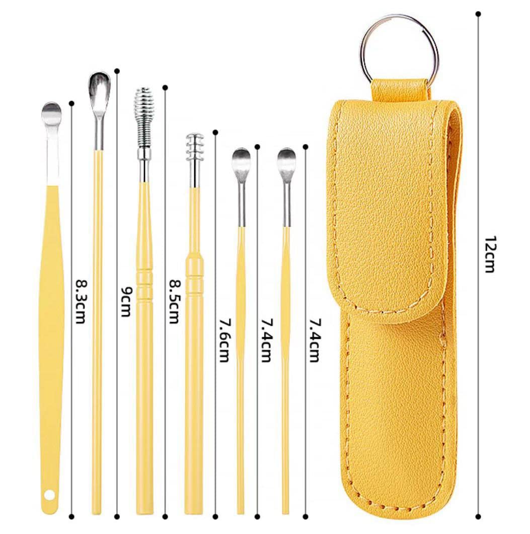 12-teiliges Ohrlöffel-Ohrenschmalz-Entfernungs-Set, Ohrreinigungswerkzeug, Edelstahl-Ohrenschmalz-Entfernungswerkzeug mit Leder-Aufbewahrungsbox (schwarz und gelb)
