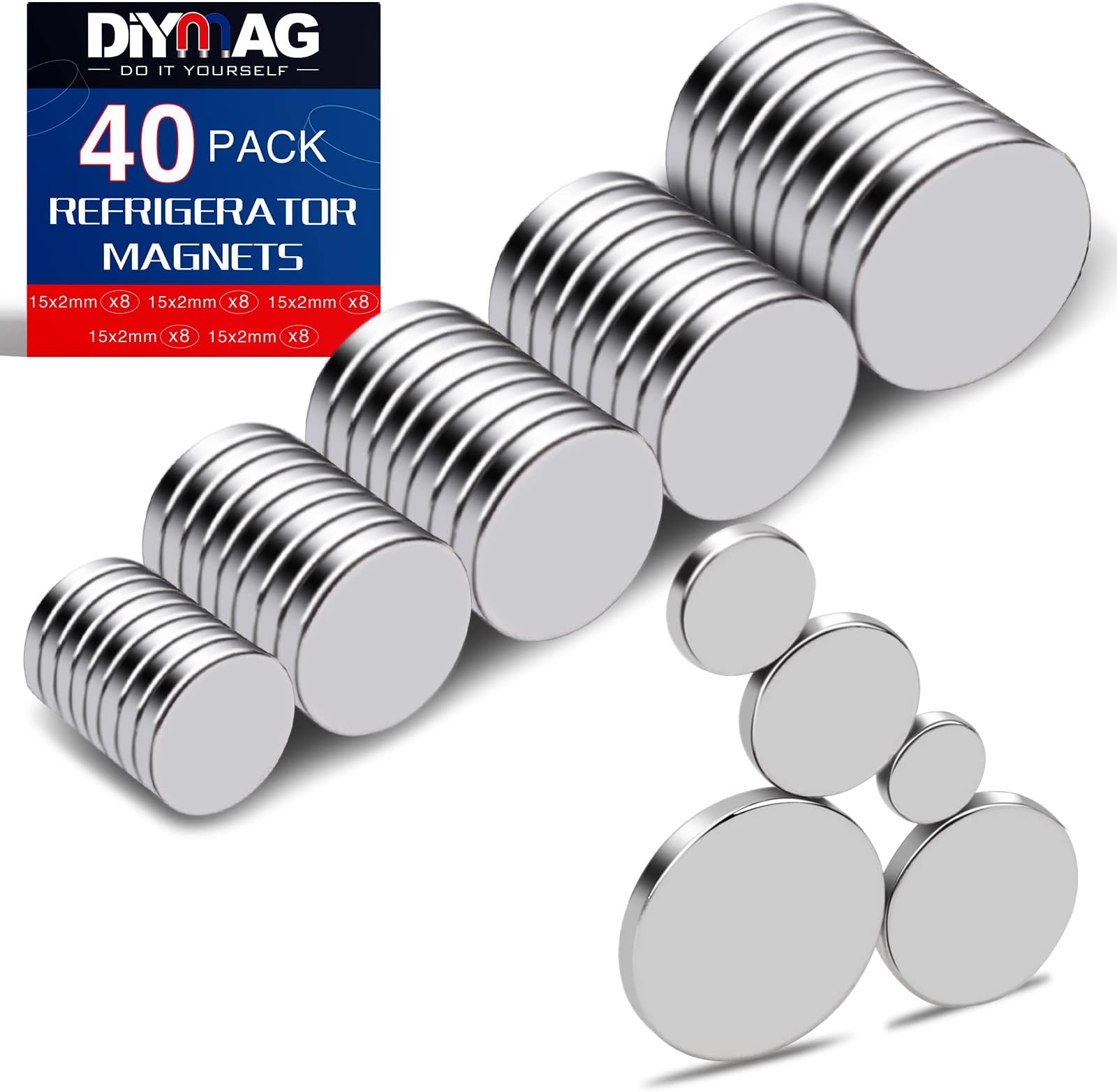 DIYMAG Small Rare Earth Magnets, 40 Pack, 5 Sizes - Neodymium Magnets for Refrigerator, DIY, Crafts, Kitchen & Office