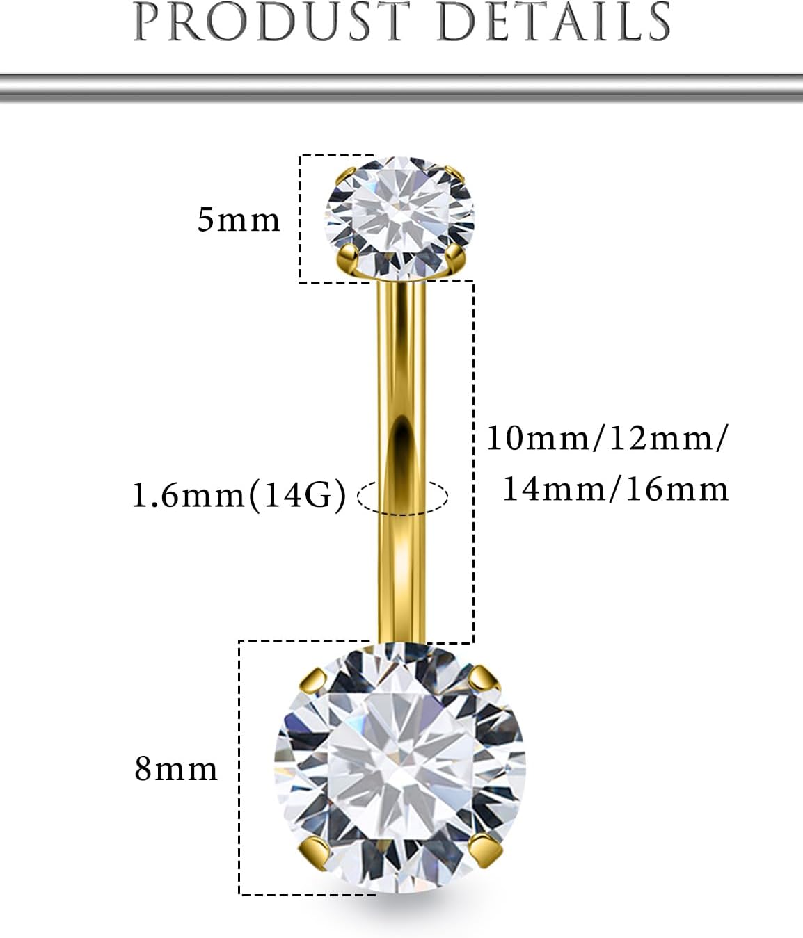 Hoeudjo Belly Button Ring Surgical Steel Belly Button Piercing 14G Belly Rings For Women Internally Threaded Round Cubic Zirconia Long Navel Barbell Jewelry 8/10/12/14mm - Image 2