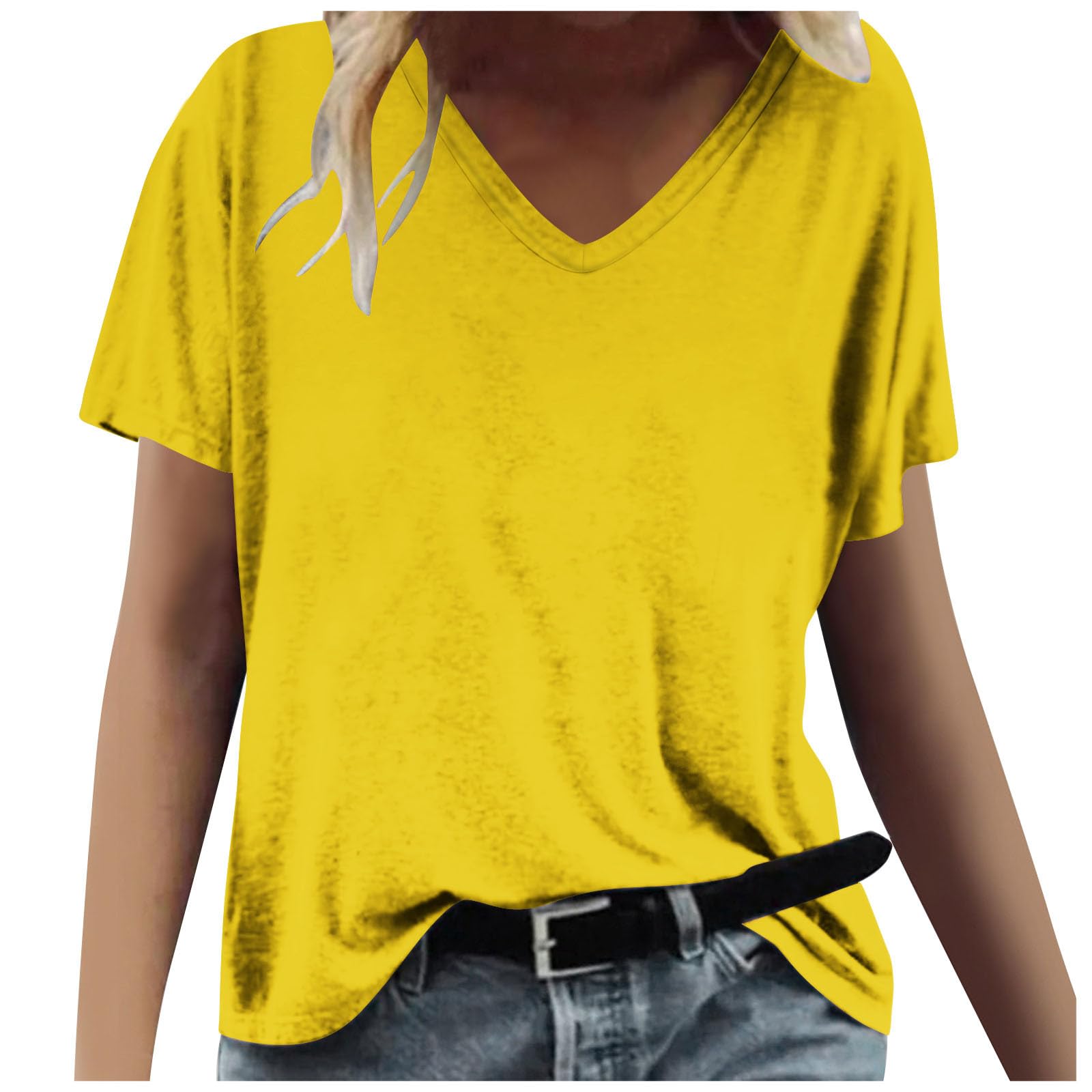 Ybing Camiseta para mujer, monocolor, informal, cuello de pico, camiseta holgada, manga corta, blusa de verano, camiseta ligera, suave, básica, cómoda, camiseta de algodón, camiseta deportiva, camiseta de