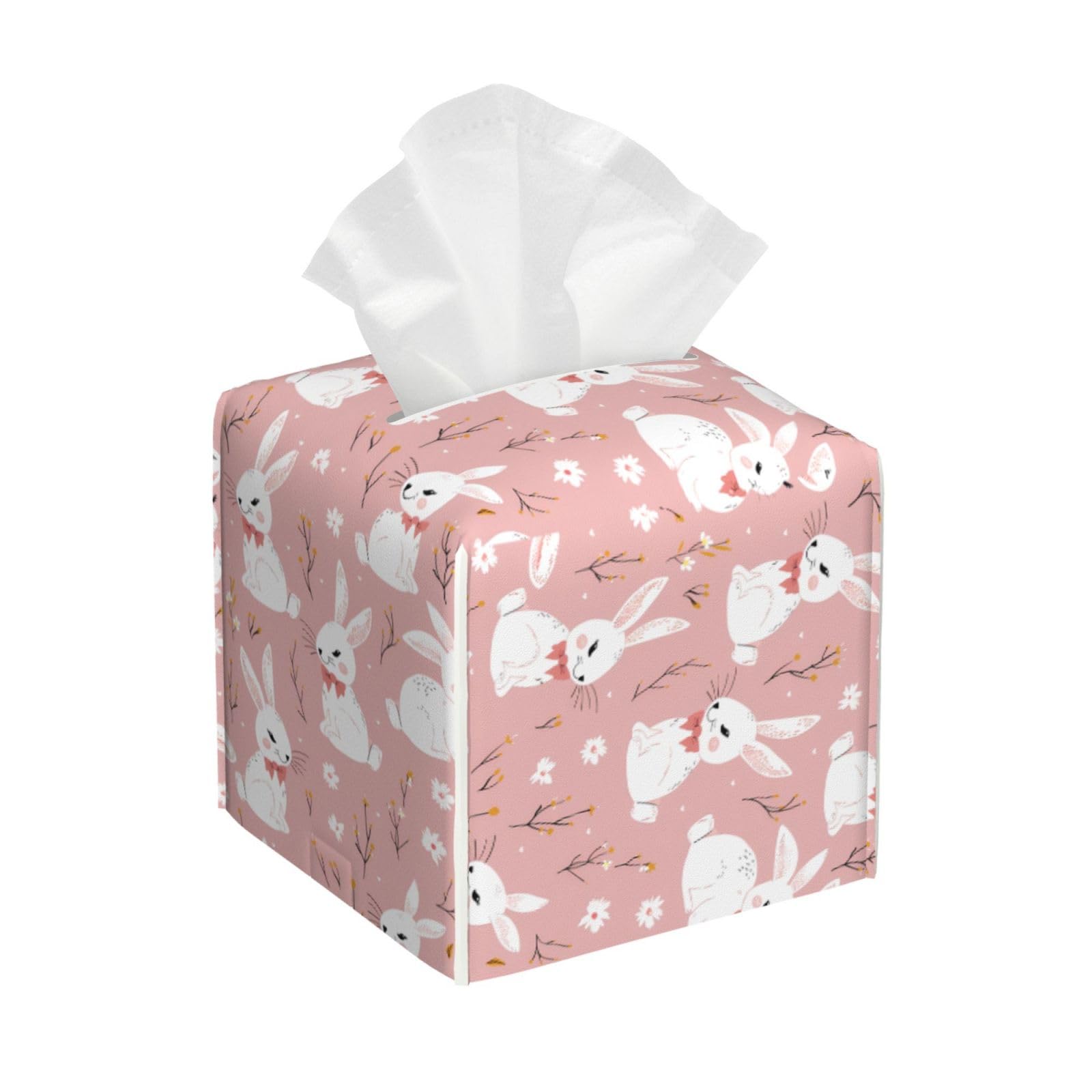 Mexpekil Square Tissue Box Cover Cute Pink White Rabbit PU Leather Waterproof Tissue Box Holder Facial Paper Tissue Cube for Car Bathroom Kitchen