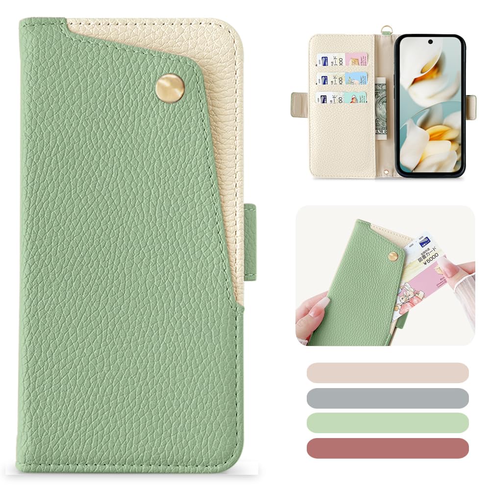 Kahper for Google Pixel 9a ケース 手帳型 グーグルピクセル9a ケース 手帳型 おしゃれ 可愛い スマホケース Pixel 9a 財布型 ぐーぐるぴくせる9a 携帯カバー カードポケット 横置き機能 マグネット式 軽量 防塵 耐衝撃 レザー 全面保護人気 上質 6.3インチ グリーン