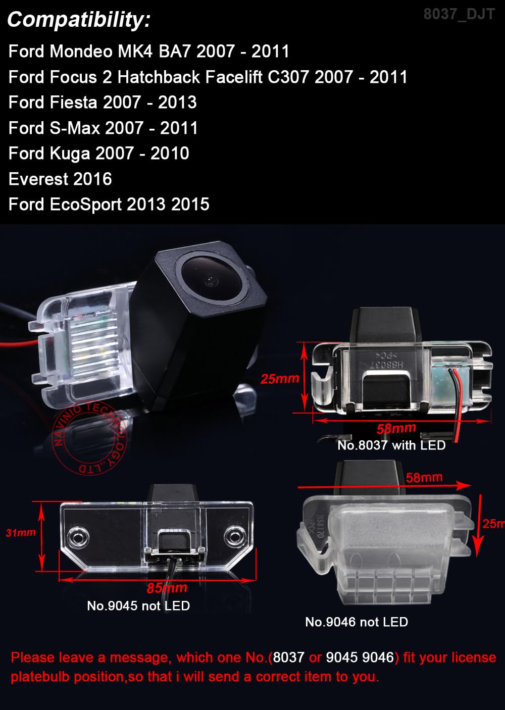 Telecamera posteriore per auto, 1280 x 720 pixel, HD, supporto per parcheggio, visione notturna, per Ford Mondeo Chia-X/Carnivai/S-Max dal 2007 al 2012/Fiesta/Focus/Kuga