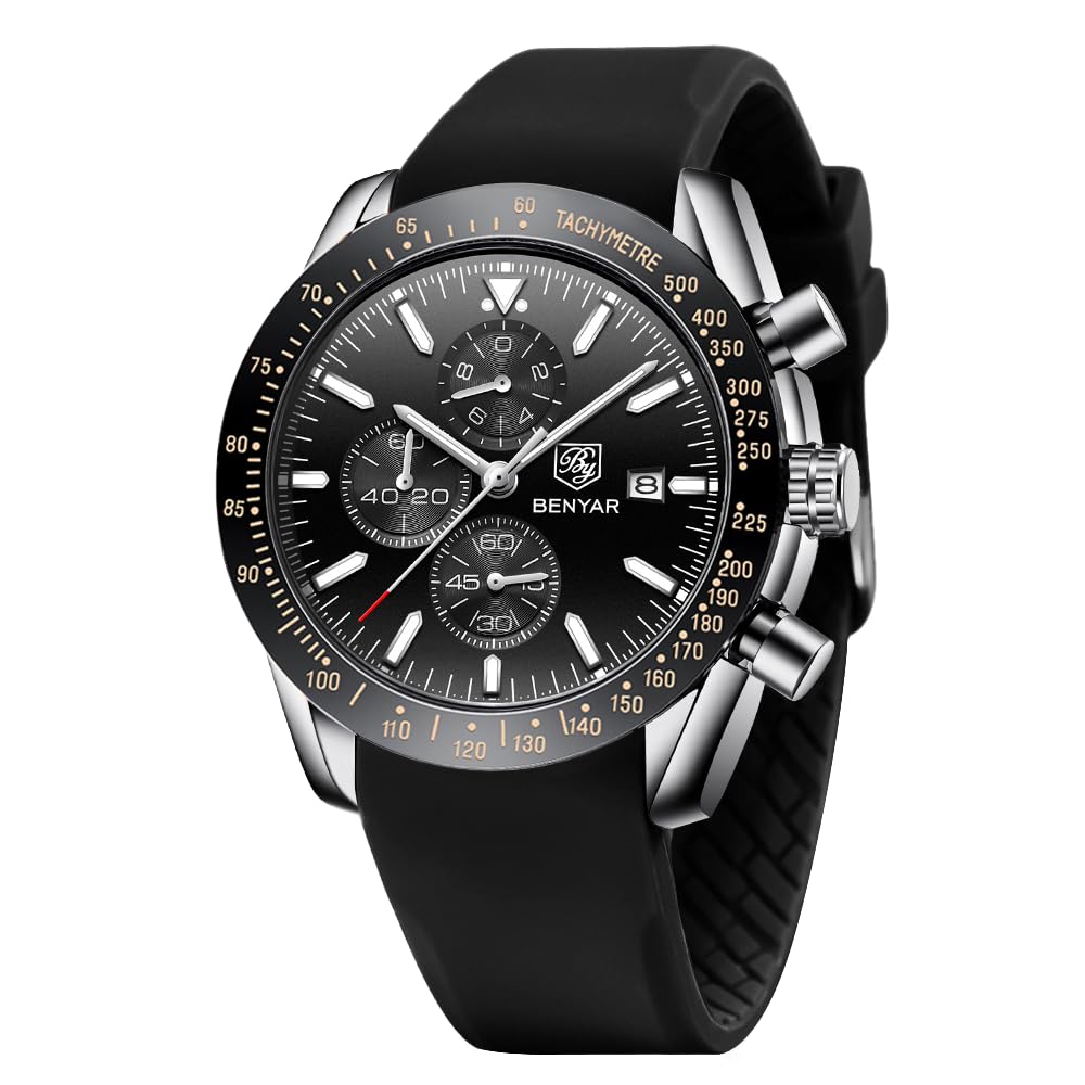 BY BENYAR Orologio Uomo Cronografo Analogico al Quarzo Impermeabile Orologi Sportivo Moda Classico Elegante Orologio da Polso Uomo Cinturino Pelle/Acciaio