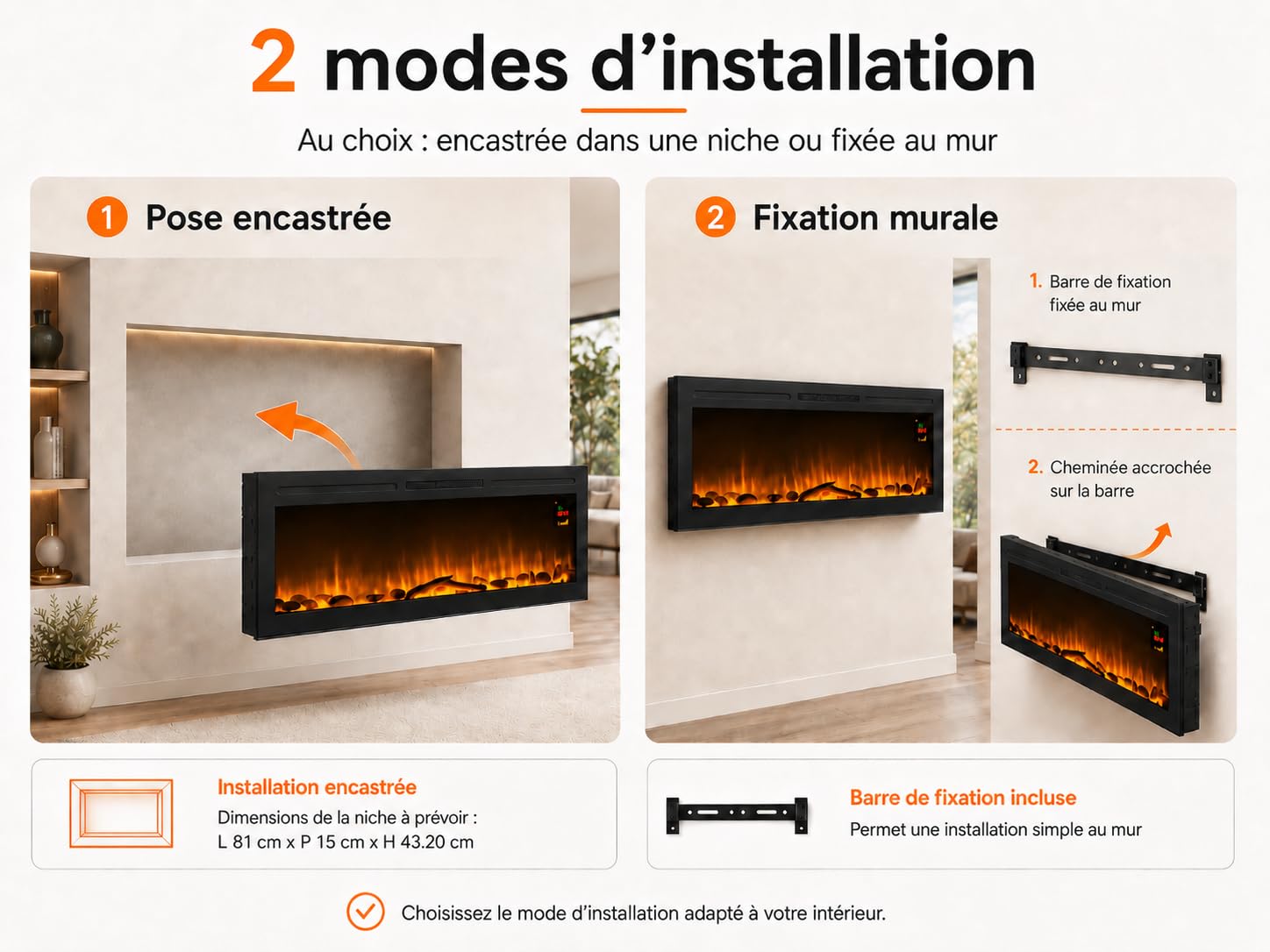 Chemin’Arte - Cheminée Électrique Encastrable LEDs Effet Flammes Élysée - Conçue en France - 91,5 x 17 x 45 cm - Garantie 2 Ans