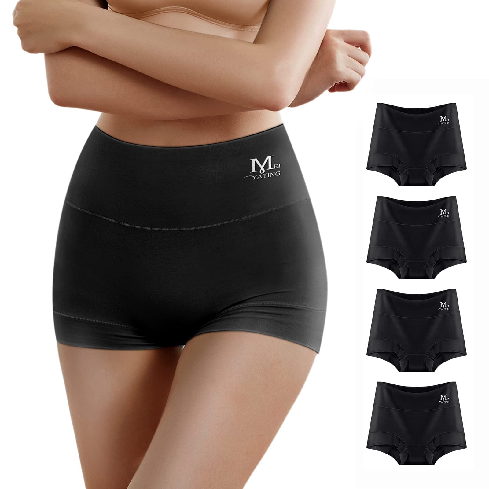 meiyating Women's Underwear Boy Shorts Boxer Cotton Stretch Briefs Panties High Waisted Soft Plus Size 4 Pack-picture-11