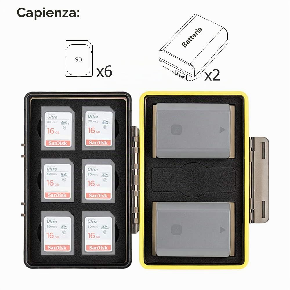 Porta Schede SD Custodia per 6 Schede SD + 2 Pile Batterie - Canon LP-E6 LP-E8 LP-E12 LP-E17 NB-13L Sony NP-FZ100 NP-FW50 NP-BX1 Fujifilm NP-W126 NP-W126S NP-95
