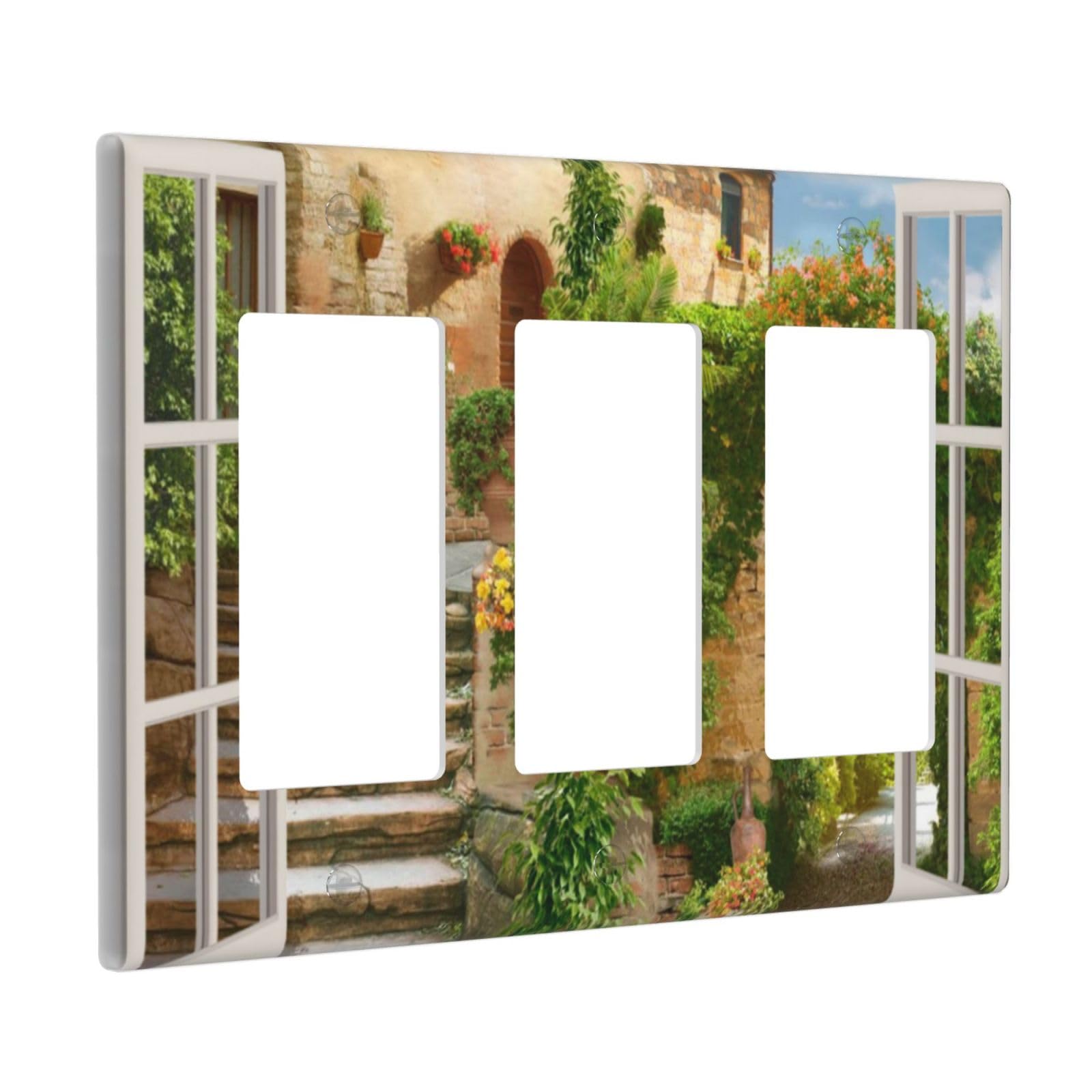 Mediterranean Greece Scene Flowers Light Switch Cover Triple Rocker Decorative 3 Gang Switches Plates and Outlet Covers Italian Town from Another