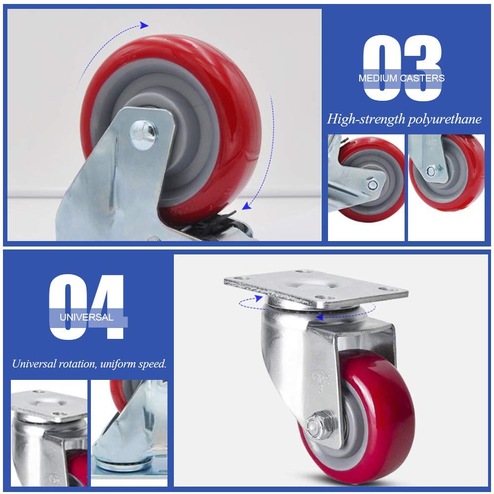 Ruedas de Transporte, Ruedas Pesadas, Ruedas universales con Frenos, Capacidad de Carga 500 kg, 4 Piezas, Ruedas de Goma de Poliuretano, 360 °; Rotación, 4 sin Frenos, 125 mm
