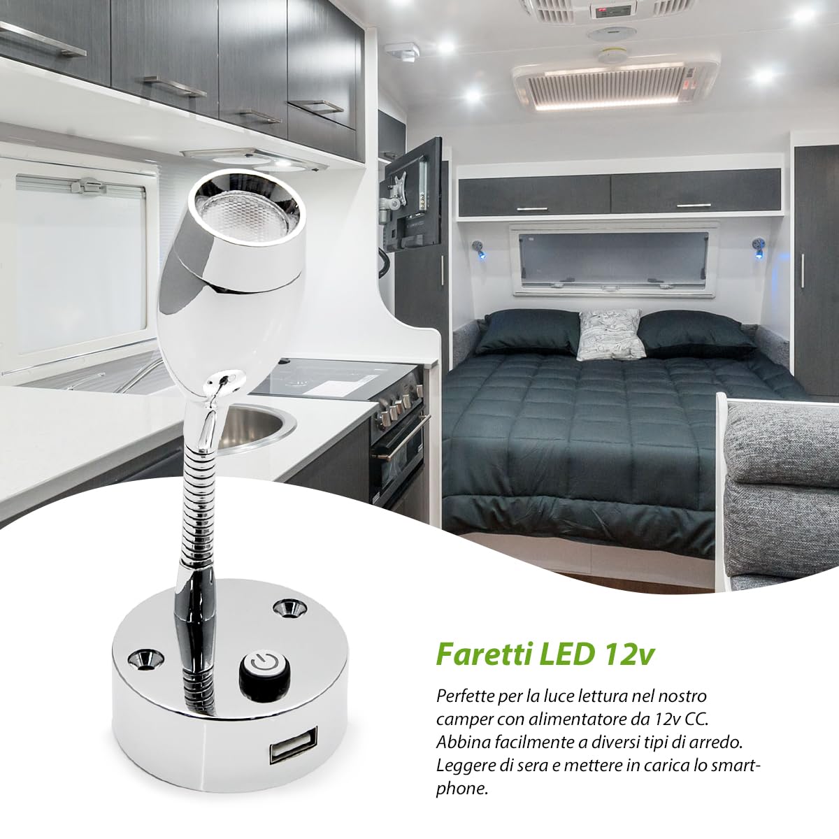 Dream Lighting Lampada da Lettura LED 12V con Presa USB Bicolore Bianco Caldo e Blu per Camper
