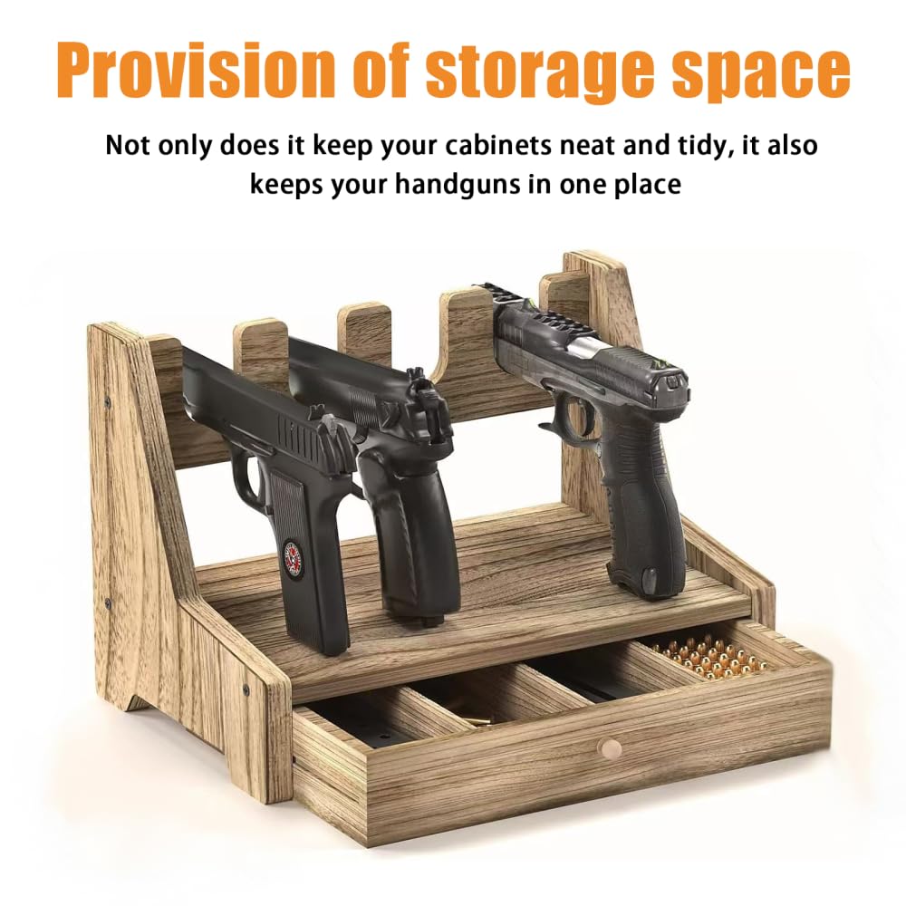 MiOYOOW Porta Pistola in Legno, Supporto per Pistole Contiene da 4 a 6 per Esposizione, Espositore per Pistola per Maggior Parte delle Pistole all'Interno