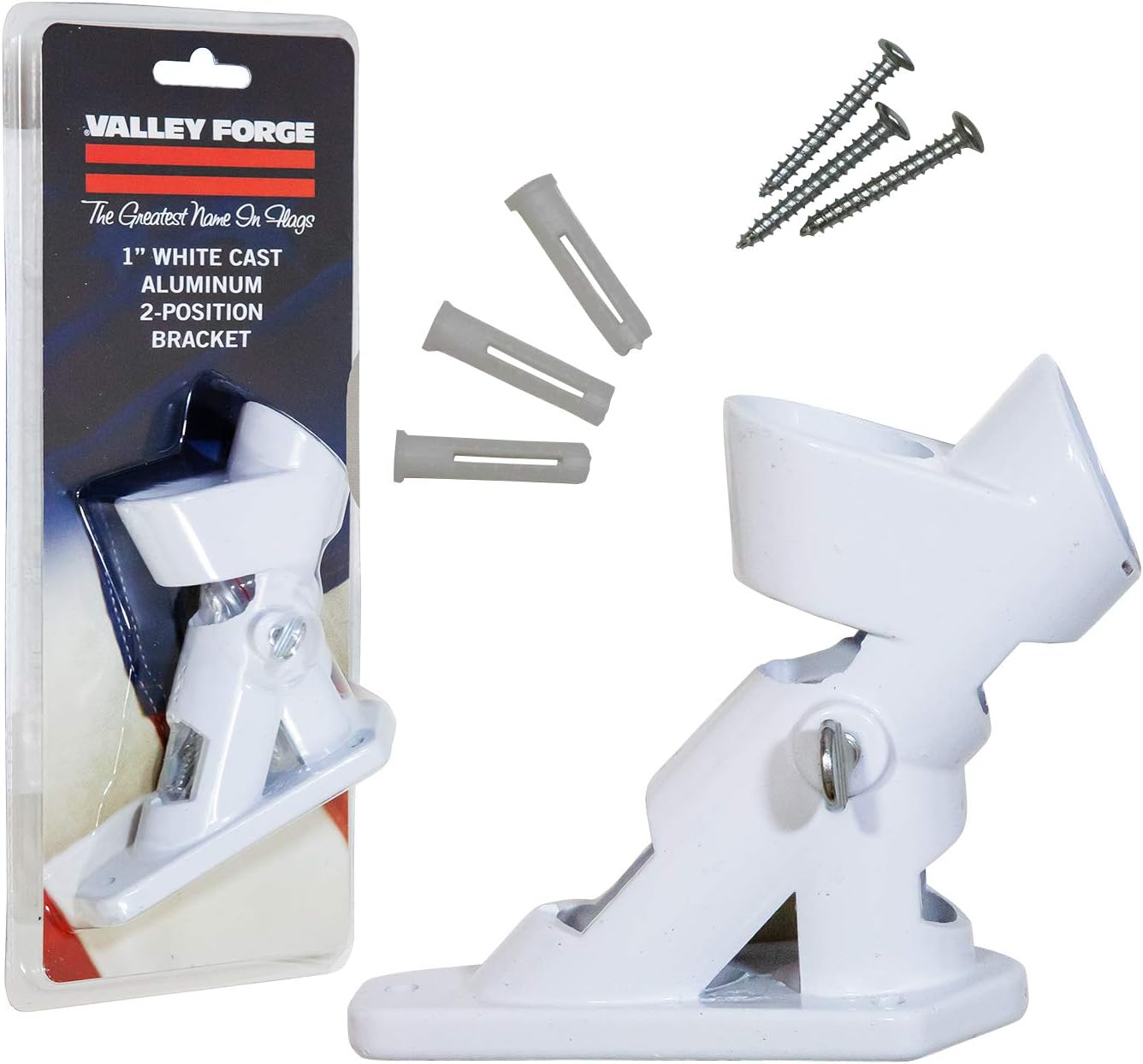 Aluminum Flagpole Bracket - White Powder Coated – 2-Position Pole Holder with Hardware – Sturdy and Durable - Built to Withstand the Outdoors and Harsh Weather – By Valley Forge Flag