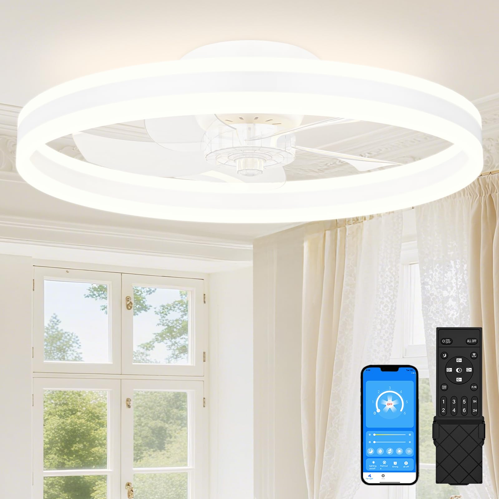 Sunkenet White Ceiling Fans With Lights And Remote, 60Cm Ceiling Fan Light, 3000K-6500K Dimmable Smart Led Fan Light, 6 Wind Speeds & Reversible, Modern Queit Fan Light Ceiling For Bedroom