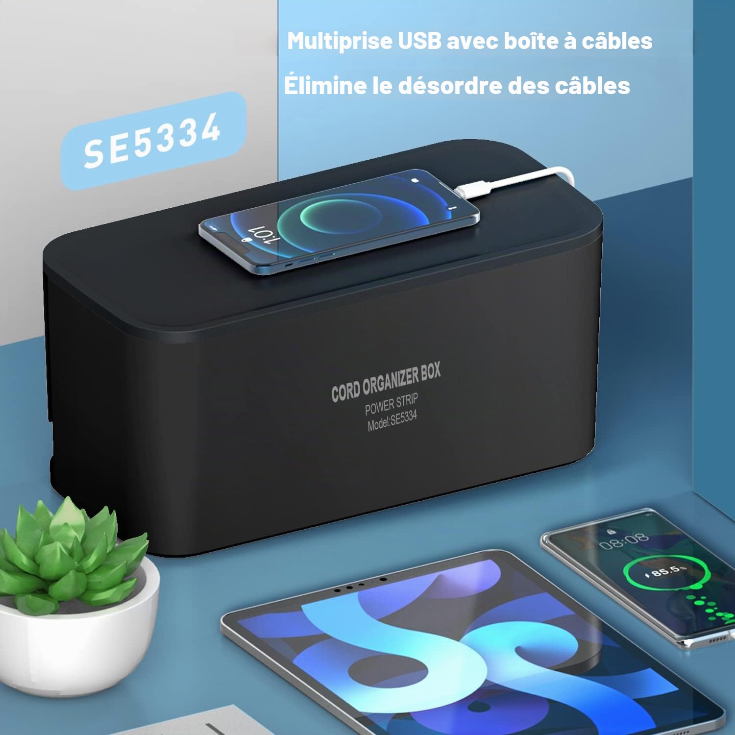 Boîte de Rangement avec Bloc Multiprise Electrique, Multiprise 5 Prises avec 3 USB, Multiprise avec Interrupteur 3m Câble, Adaptateur de Boîte de Rangement, 29,5 * 14 * 14CM, Noir
