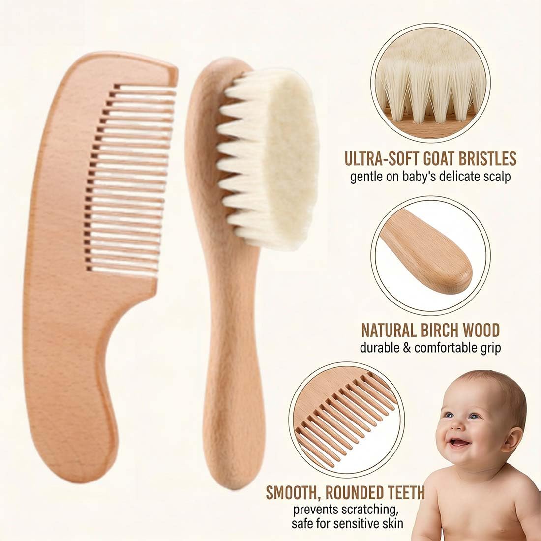 2 Pezzi Spazzole Neonato per Capelli e Serie di Pettini per Neonati - Spazzole in Legno Naturale con Setole di Capra Morbide - Regalo Perfetto per la Doccia per il Bambino