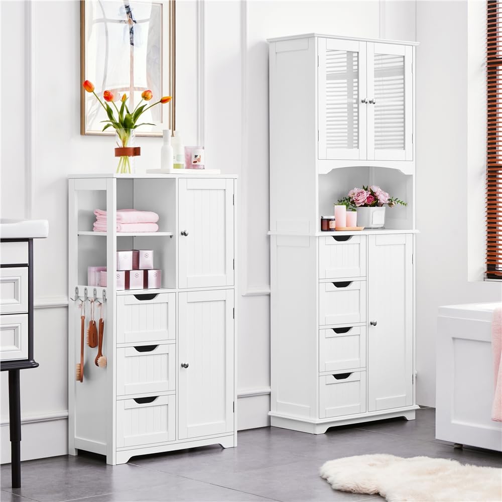 Yaheetech Mobile da Bagno Bianco Mobiletto da Terra con 3 Cassetti e Armadietto Mobile con Ganci Portaoggetti Armadietto Moderno 60 x 30 x 107 cm