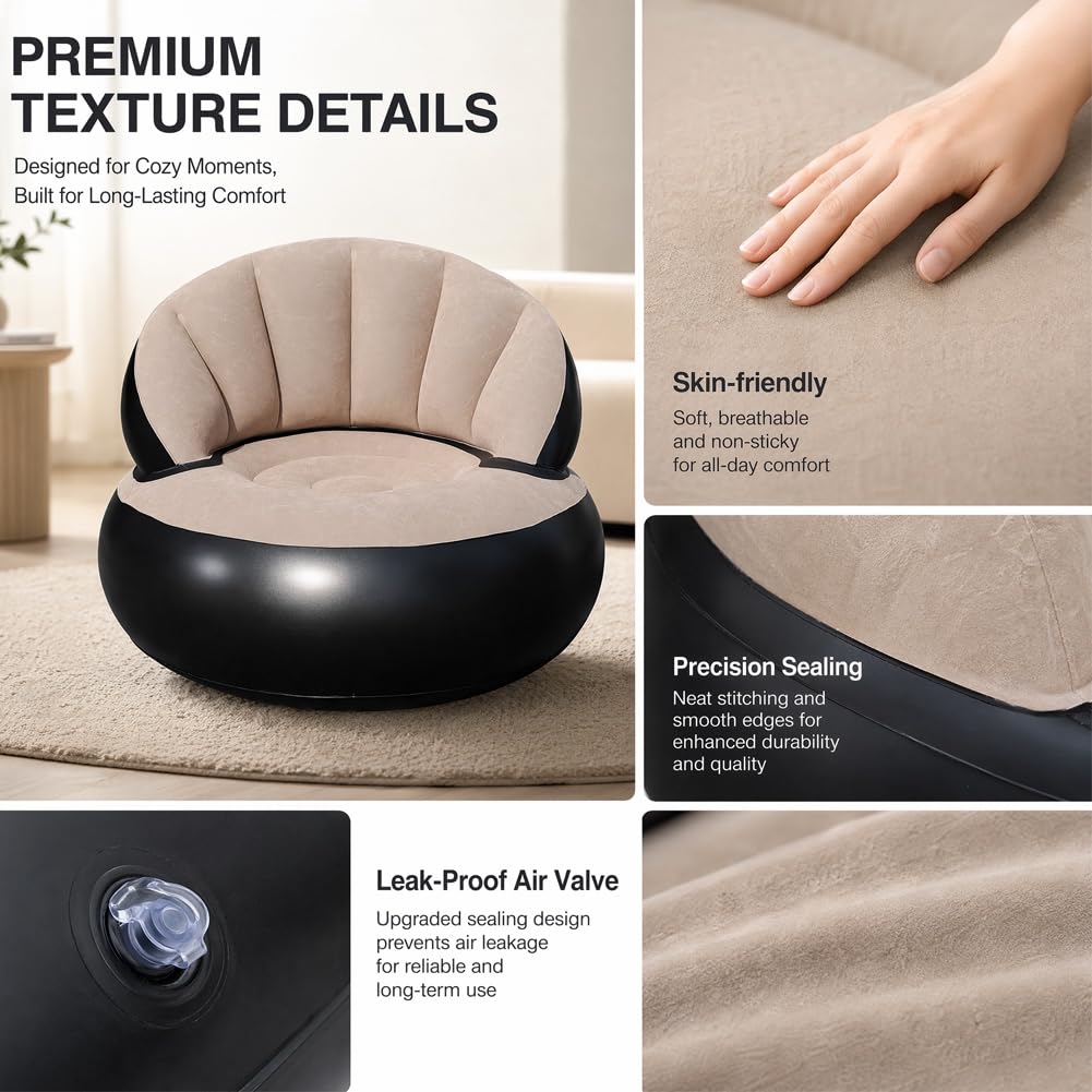 CEWROM Canapé gonflable 2 en 1 avec surface floquée, imperméable, fauteuil portable avec pompe pour salon, extérieur, camping, plage, voyage, canapé, pouf (gris)