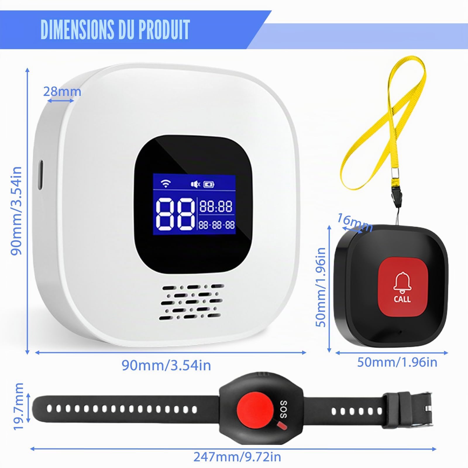 Bouton d'appel d'urgence pour personnes âgées, WiFi Tuya Smart Seniors Bouton d'urgence Système d'alerte, Bracelet SOS pour patients et handicapés (1 récepteur + bracelet d'appel d'urgence + 2