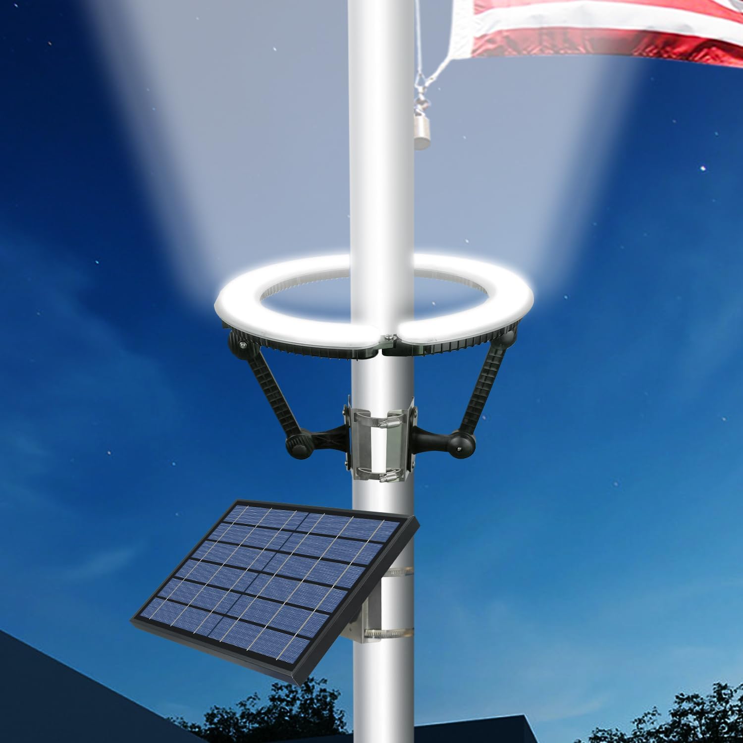 Flag Pole Light Solar Powered 4640 Lumens Brightest Solar Flagpole Light Outdoor Waterproof Dusk to Dawn 32 LED Ring Spotlights 12000mAh Batteries Adjustable Clamp fit 2-6” Dia Flagpoles