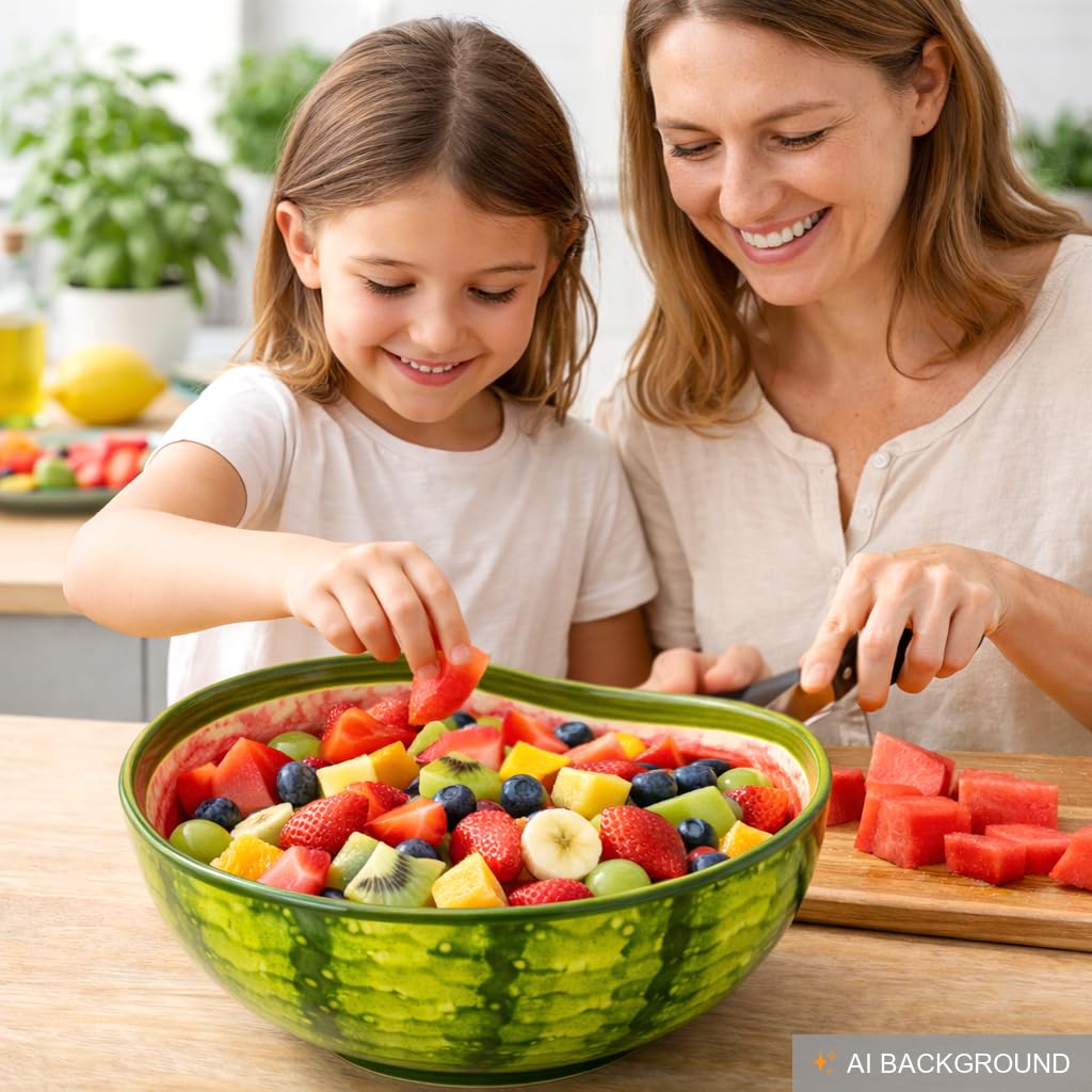 Lashuma Handgemachte Obstschale Melone, Servierschale aus Italienischer Keramik in Melonenoptik, Runde Salatschüssel 24 cm