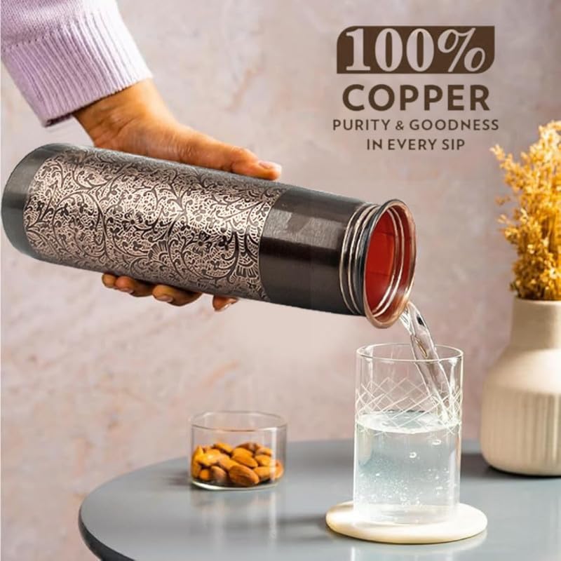 Image of Elegant Copper Finish Bottle & Glass Gift Set - Engraved Chakra & Geometric Design 1L Leak-Proof Bottle with 2 Matching 300 ml Water Glass Tumblers in Premium Black Box