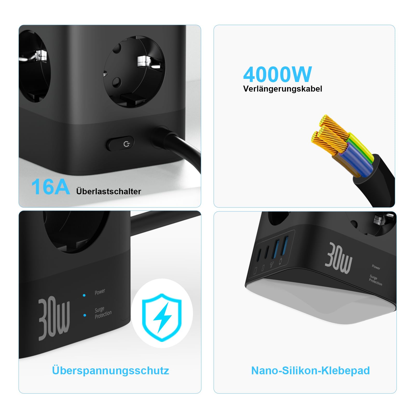 VEFVE Multiprise Tour 12 en 1 (4000W 16A), Bloc Prise Parafoudre avec USB C 30W GaN Charge Rapide, 8 Prises Françaises et 4 USB, Interrupteur, Câble 3m, Noir