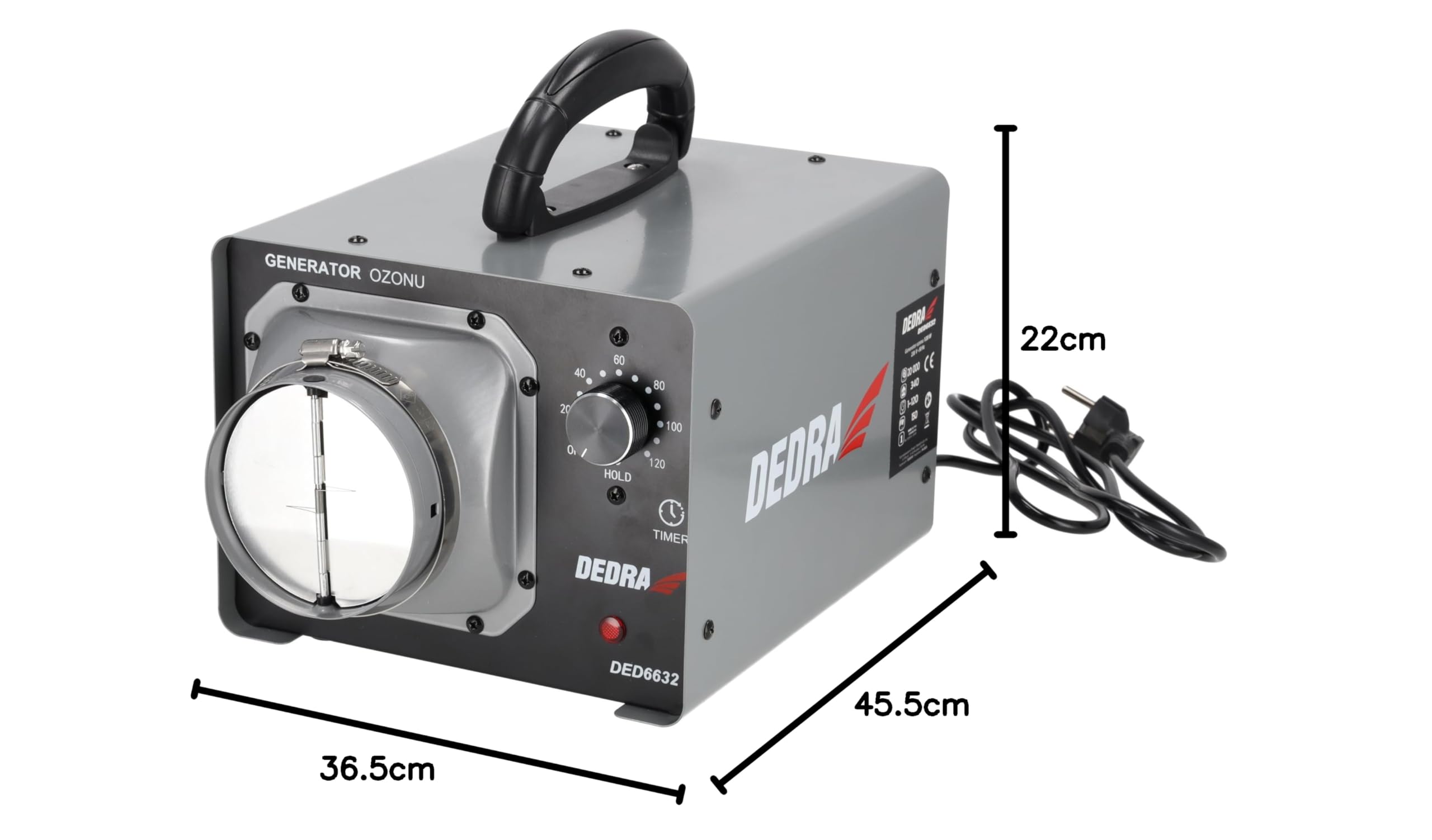 DEDRA DED6632 Générateur d'ozone 20 g/h Désinfection Ventilateur intégré Tuyau flexible Minuterie automatique