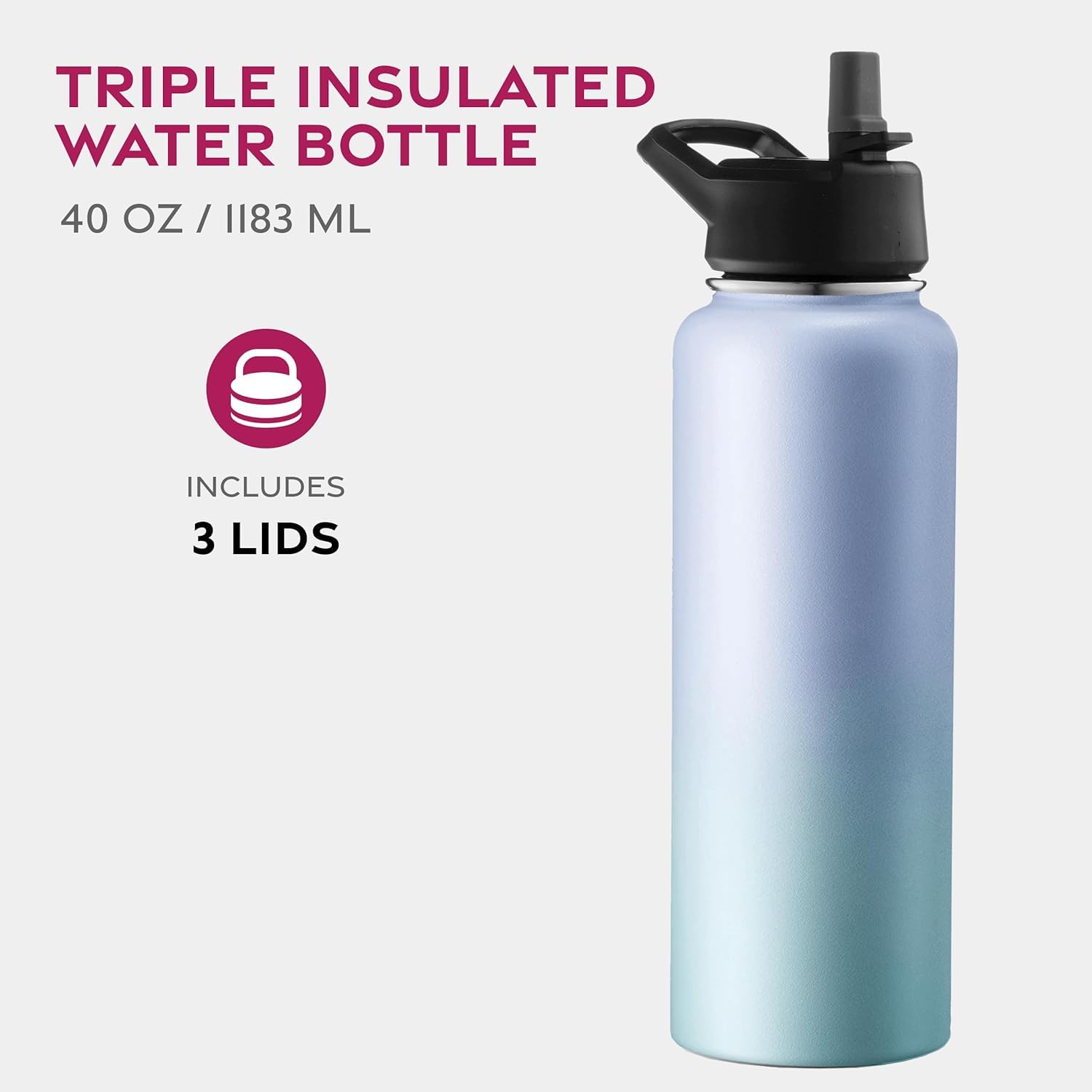 GARUET 1180ml Triple Walled, Insulated Water Bottles with Straw, Stainless Steel Metal Bottle W/ 3 Leak Proof Lids - Image 2
