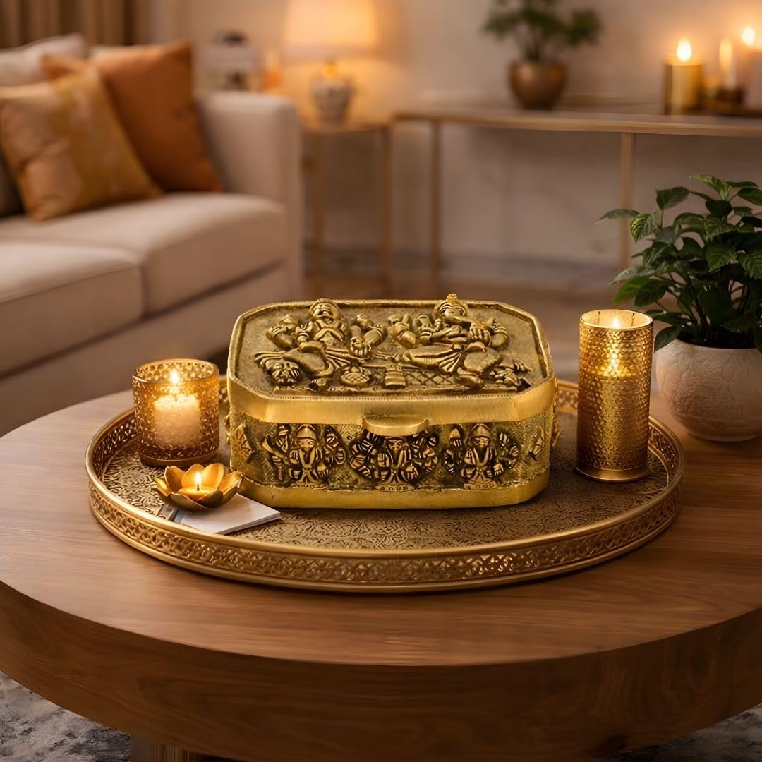 Tarang Arts Brass Ganesha Lakshmi Storage Box | Antique Finish Brass Box for Jewelry, Kumkum & Pooja Items | Decorative Hindu God Engraved Trinket Box | Home Décor & Festive Gift Item 3