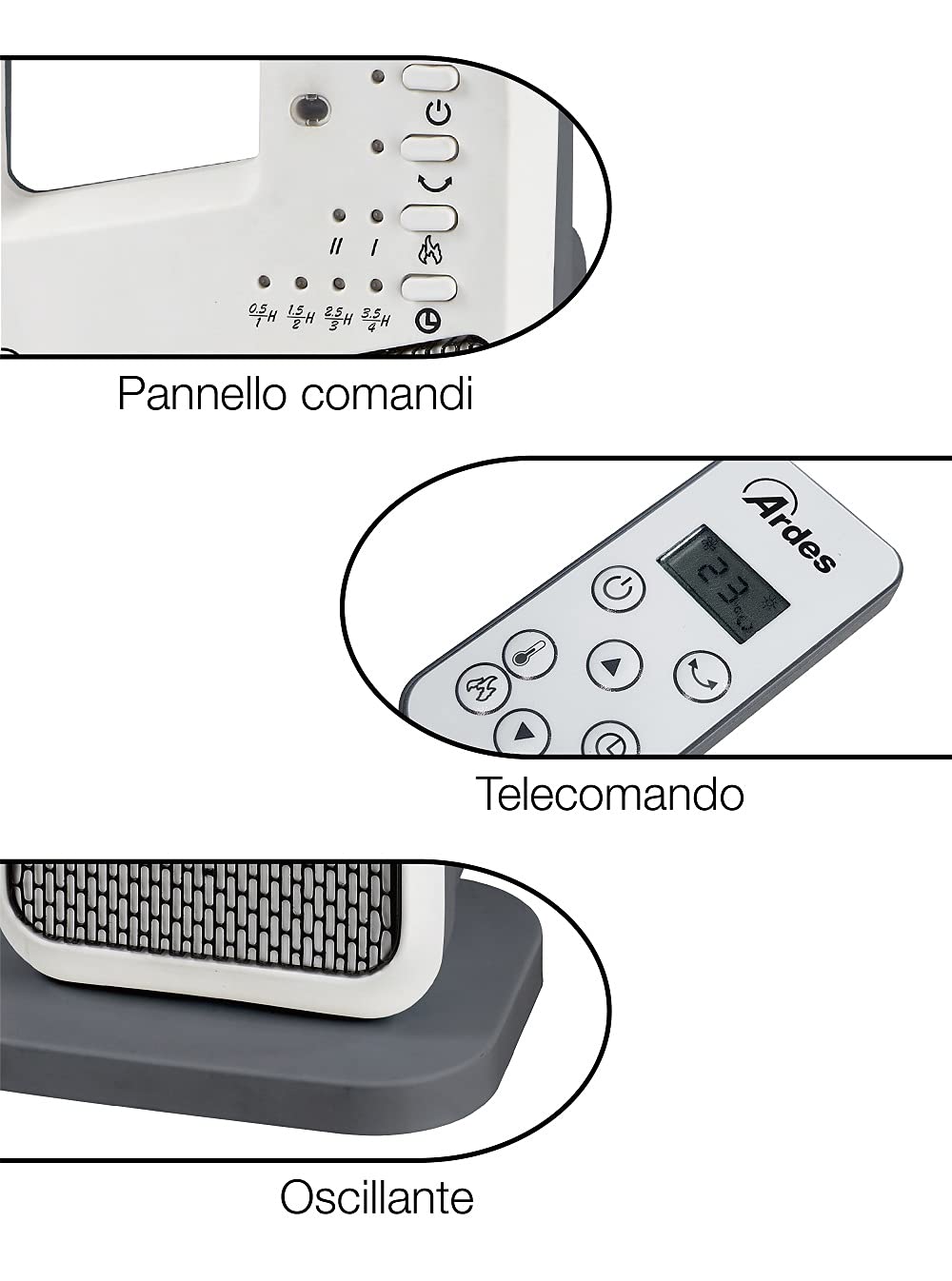 Ardes AR4P12R Handle Termoventilatore Ceramico PTC Oscillante a Torre, 2 Potenze e Telecomando con Display Temperatura, 2000 W, Grigio con Dettagli