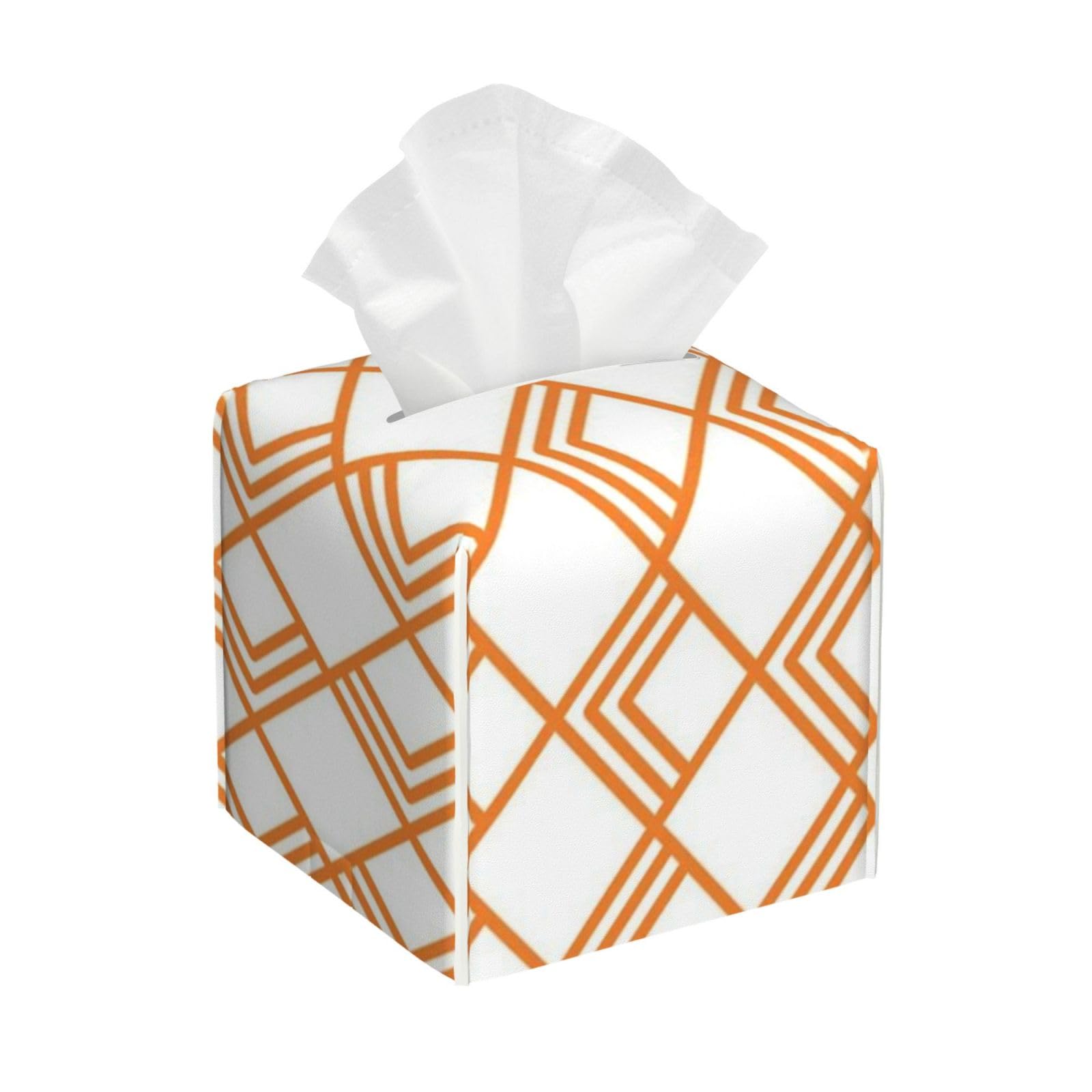 Orange Geometric Shape Seamless Pattern Tissue Box Cover 5" Square Leather Tissue Holder Facial Tissue Case for Tabletop Bedroom Bathroom Desk Decor