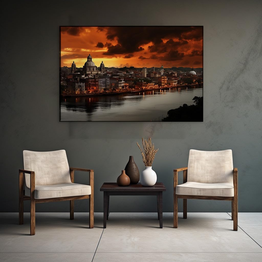 Canvas for Living room. Dusk Over The River: Urban Glow Amidst Twilight Shadows, 27 x 18 inch Canvas Wall Art - Ready to Hang