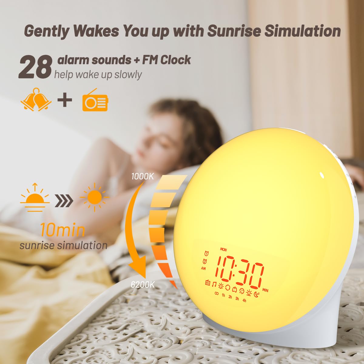 Réveil lumineux pour tout le monde, simulation du lever du soleil, aide au sommeil, double alarme, radio FM, répétition, veilleuse, 13 couleurs, 23 sons de sommeil, 28 tonalités d'alarme