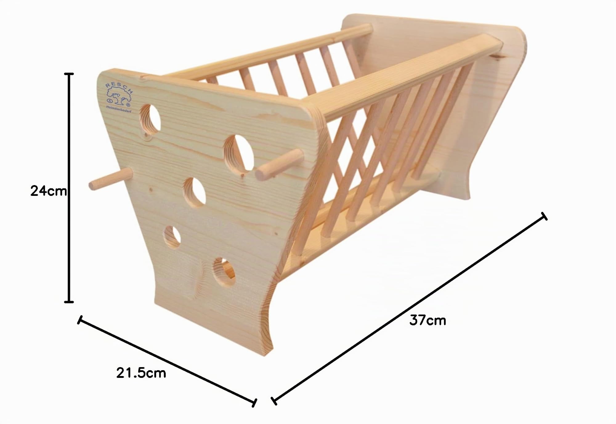 Resch Nr44 Futterkrippe XL, naturbelassenes Massivholz aus Fichte/mit Lochwand und Rundstäbe zum stecken oder hängen von Snacks/Großer Heuraufe von Zwei Seiten zugänglich / 37 x 21,5 x 24cm (LxHxB)