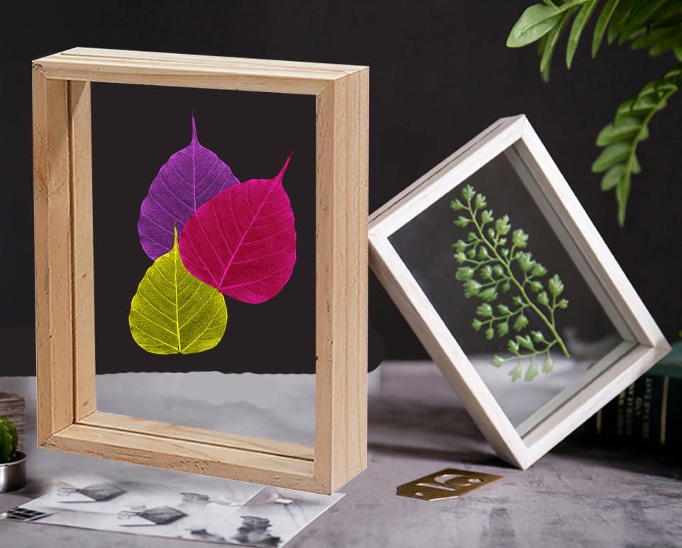 Image of Desi Rang Wooden Frame for Wall Decor Table top Hanging Any Green or dry plant Leaf Picture Photo DIY Gift Home decoration (Natural,Rec,7.7x5.5 inch,with random peepal colored leaf)