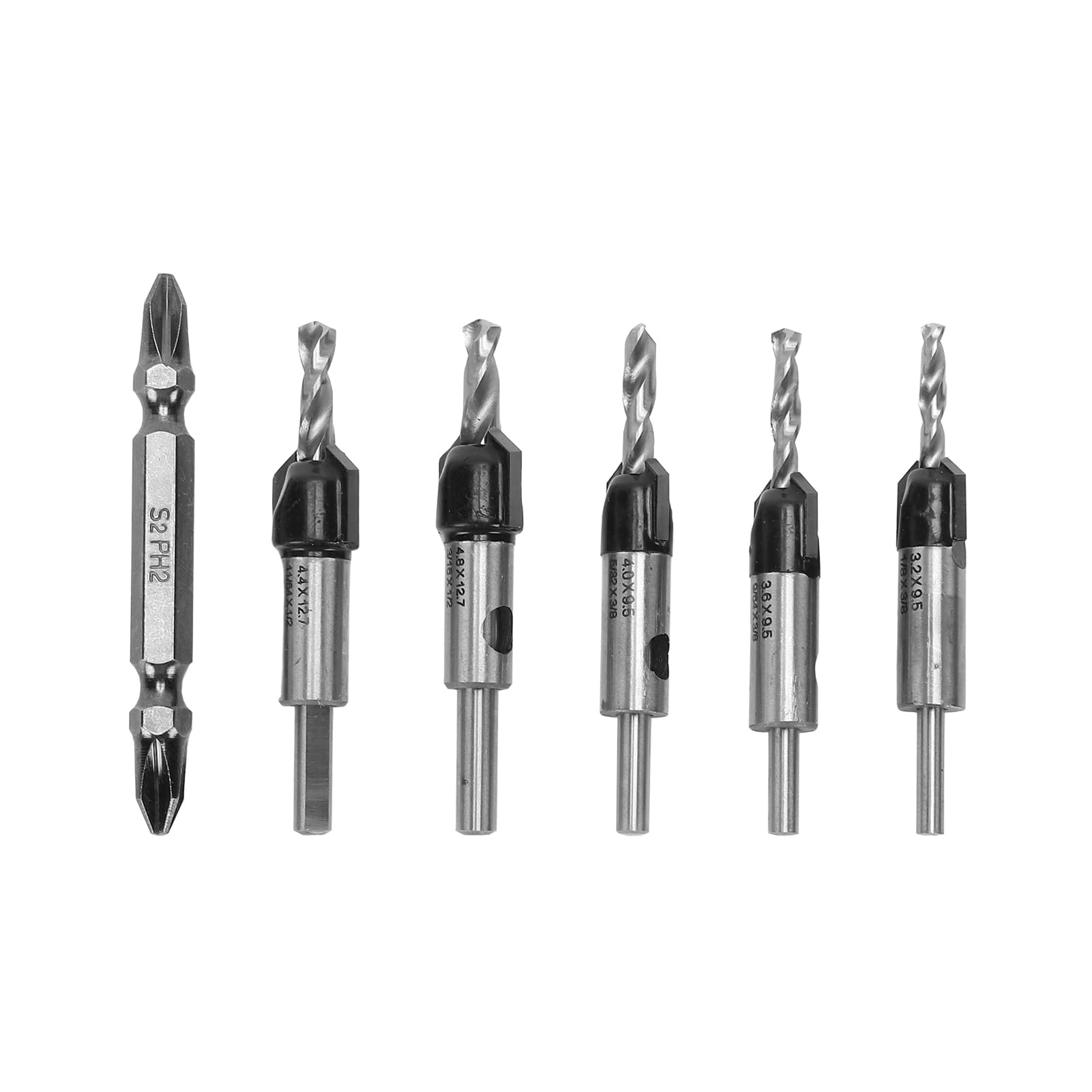 Juego de 8 brocas avellanadoras con tope de profundidad ajustable para tornillos de madera, incluye 5 brocas centrales y estuche de almacenamiento.