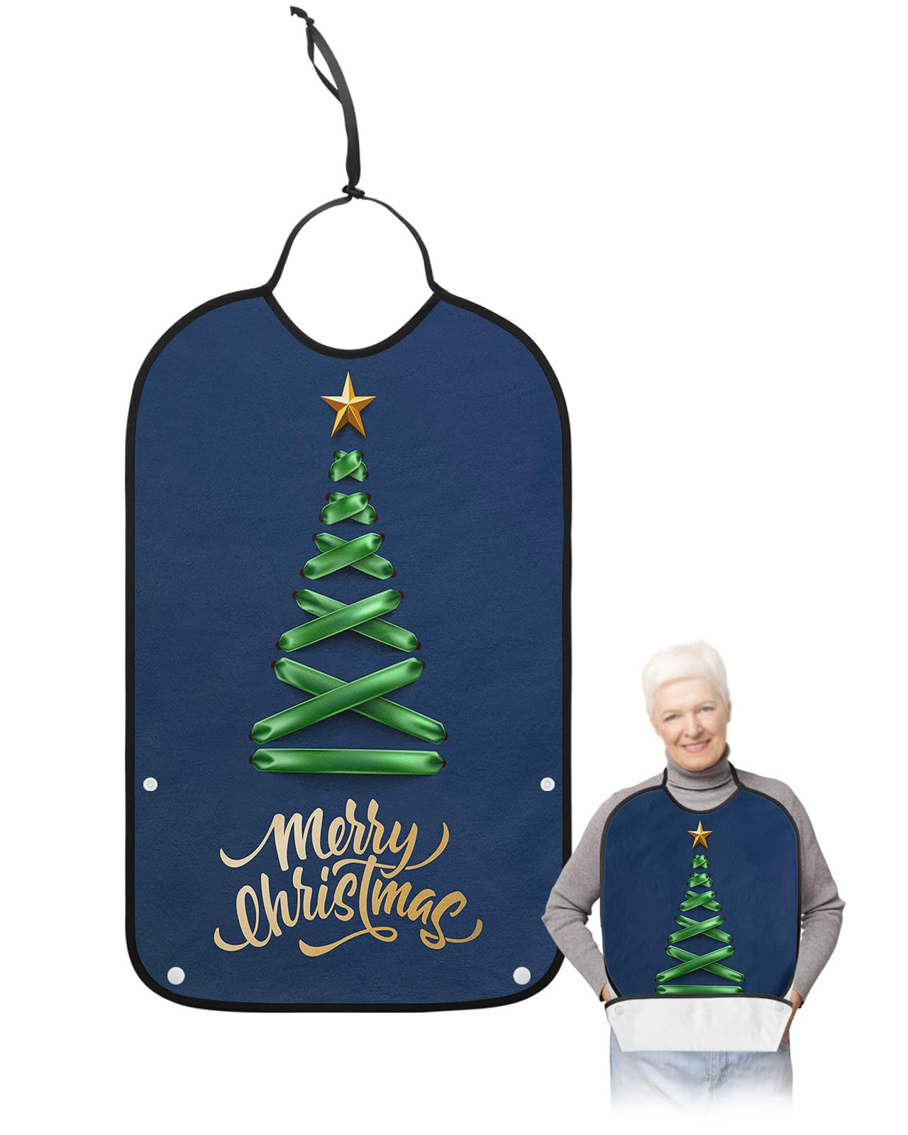 LEOKOTI Navy Blue Christmas Tree Adult Bibs for Eating, Waterproof Bibs with Food Catcher & Adjustable Snap Closure, Green Xmas Tree Merry Christmas Washable Clothing Protectors Adult Bibs for Elderly