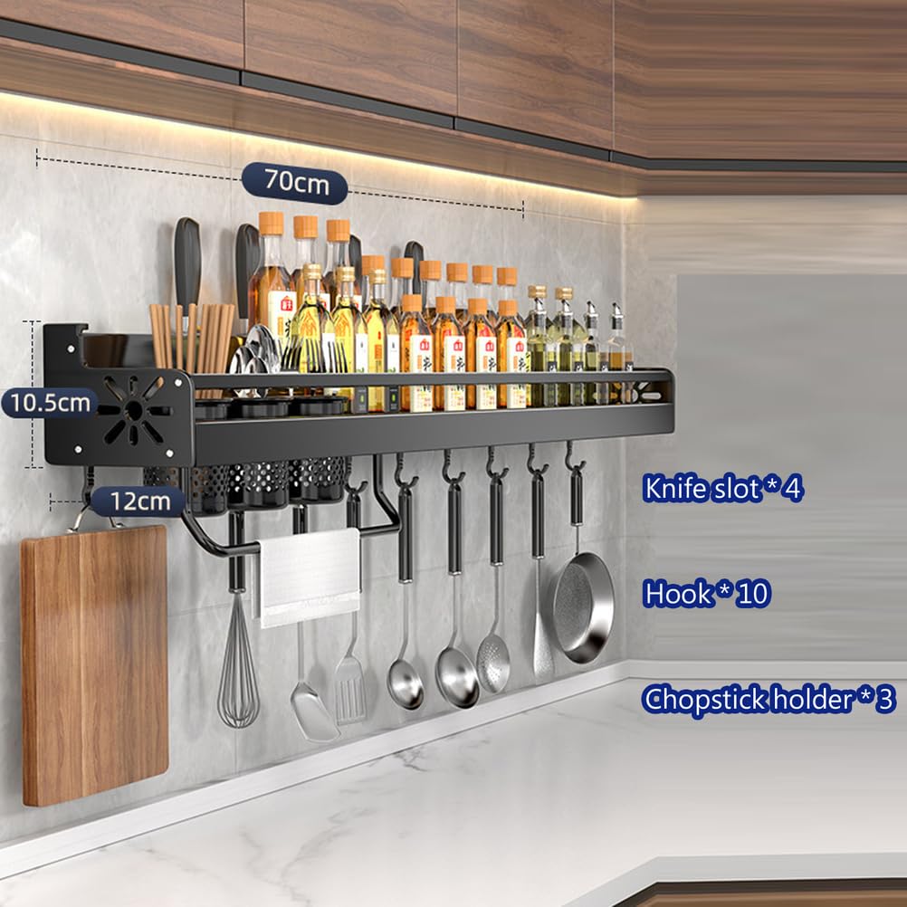 Estante para Especias de Pared - Estantes de Cocina de 70 cm para frascos y Botellas de condimentos. Elegante solución de Almacenamiento Colgante en Color Negro para una organizaci