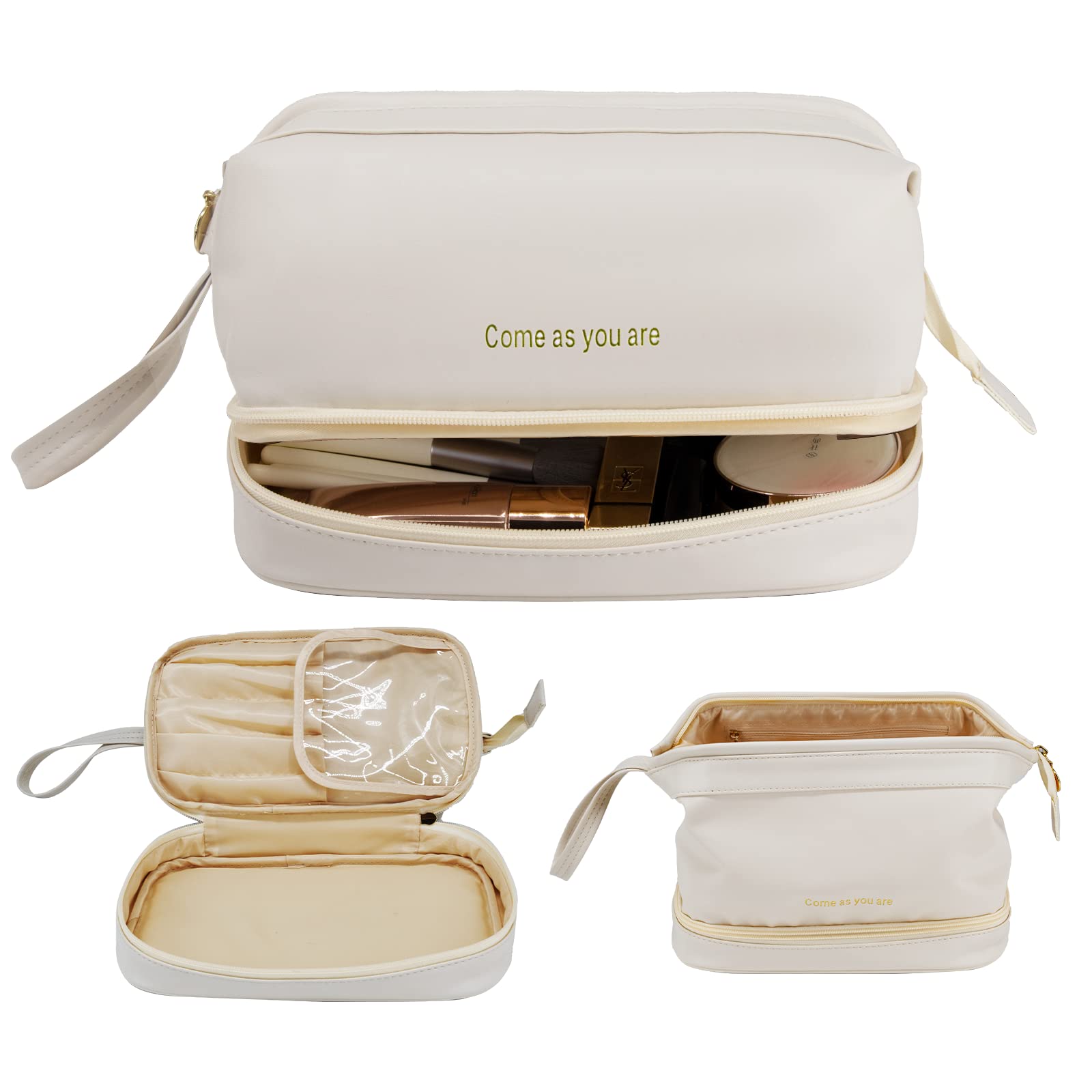 Large Makeup Bag, Double Layer Cosmetic Bag, PU Leather Makeup Bag for Travel Portable Roomy Cosmetic Bag for Foundation Lipsticks Perfume Eye Shadow Makeup Brush Women White