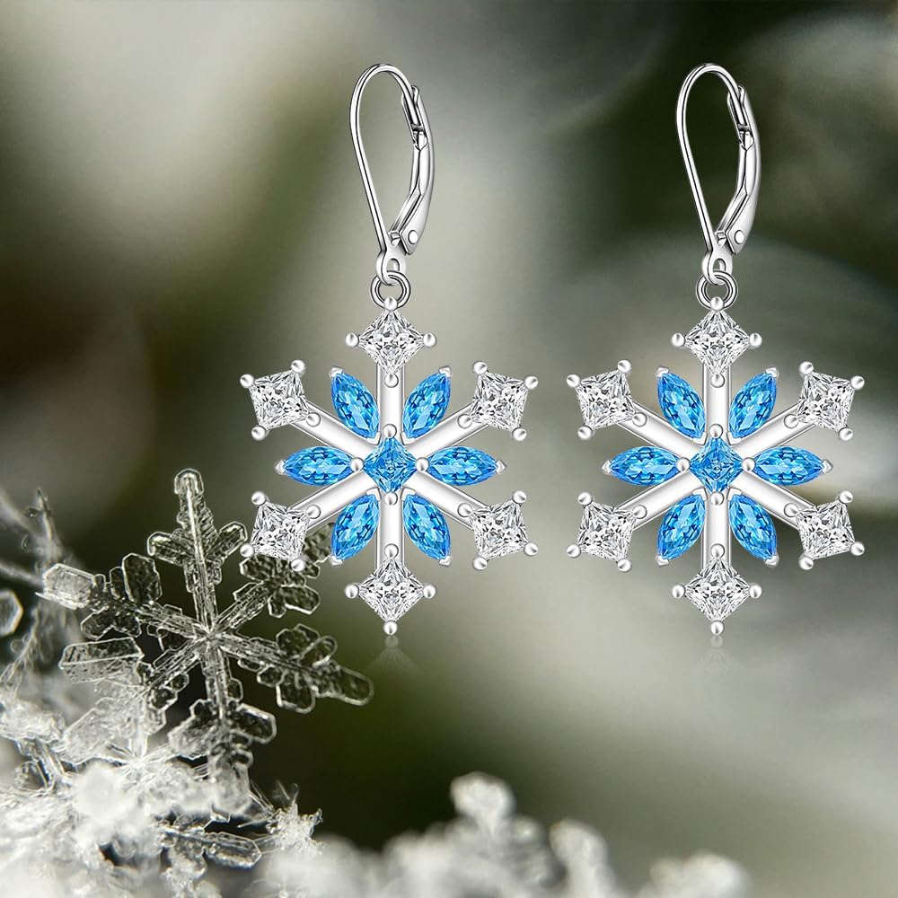 Snowflake Earrings for Women Dangle Womens Christmas Earrings Dangling Sterling Silver Snowflake Earrings Blue Leverback Winter Xmas Gifts - Image 6