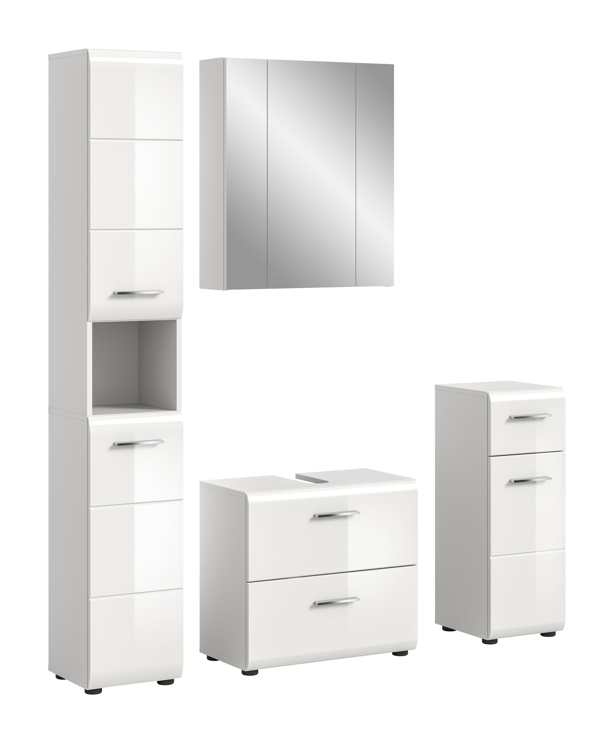 xonox.home – 4 TLG. Badmöbel-Kombination Ice 150x185x30 cm in Korpus weiß Nachbildung und Front weiß Hochglanz – Elegantes Badmöbel-Set – platzsparend, funktional & zeitlos im Design